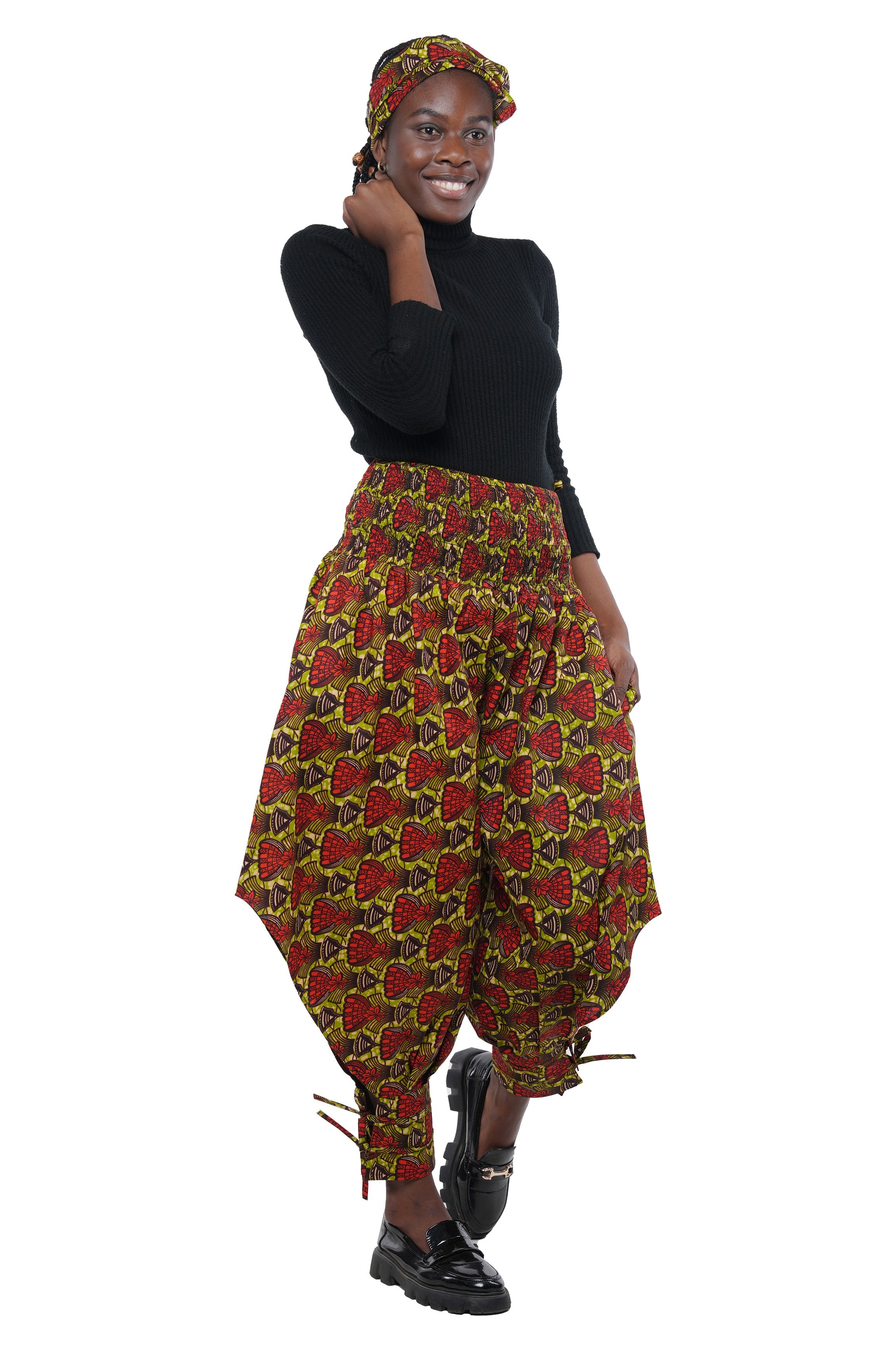 African Smocked Waist Harem Pants W/Ties 100% Cotton Two Pockets & Wrap One Size