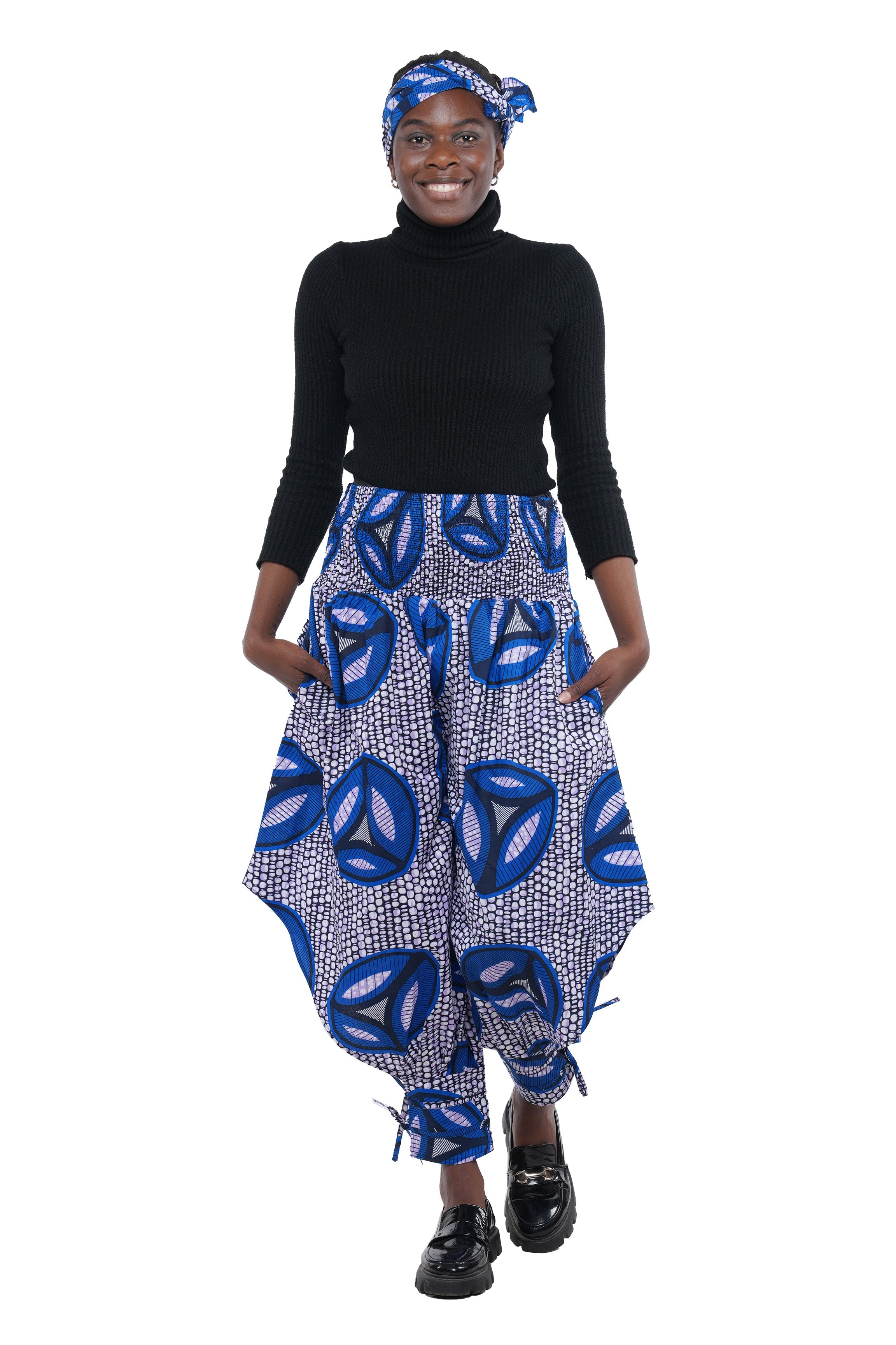 African Smocked Waist Harem Pants W/Ties 100% Cotton Two Pockets & Wrap One Size