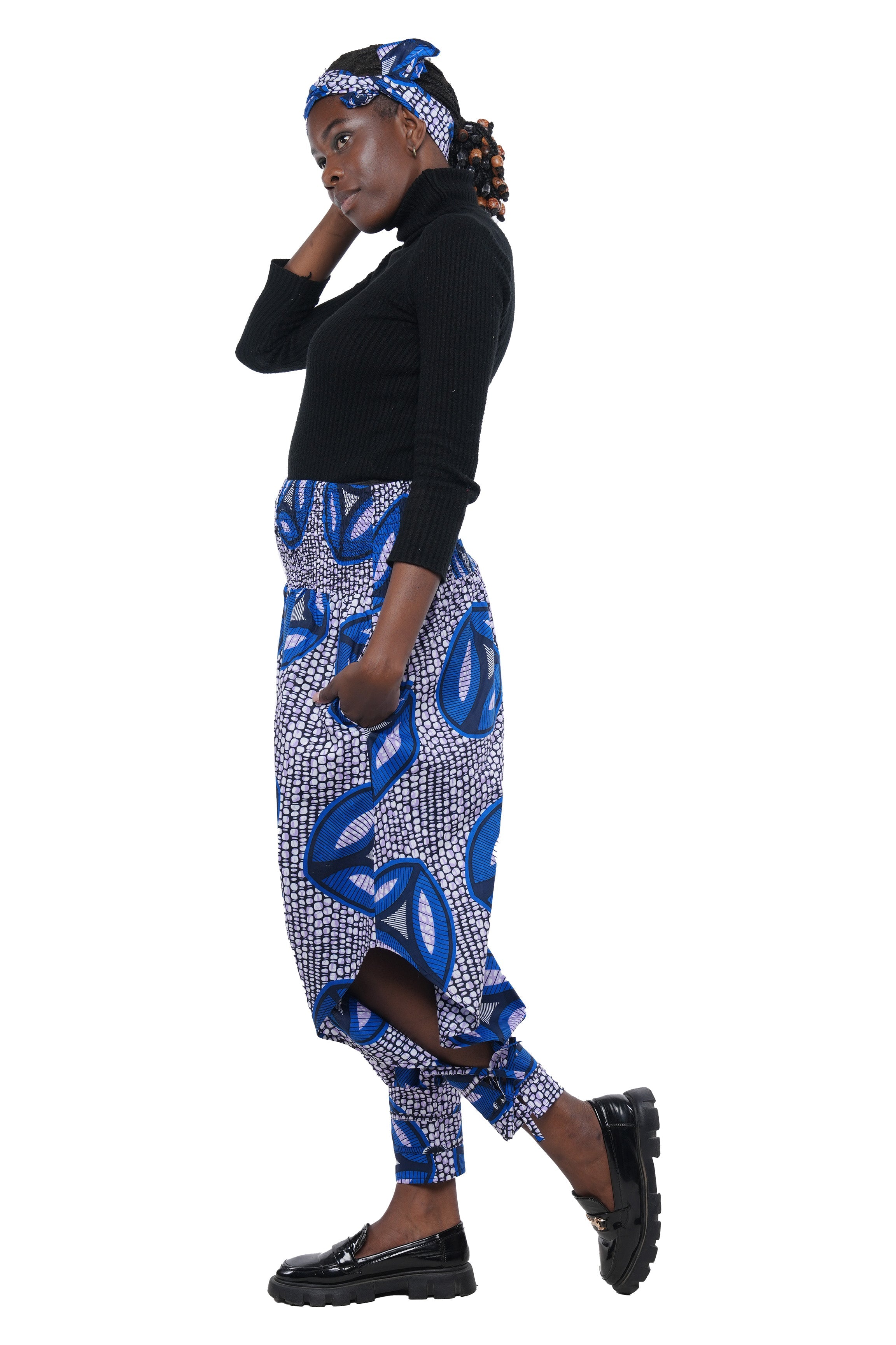 African Smocked Waist Harem Pants W/Ties 100% Cotton Two Pockets & Wrap One Size
