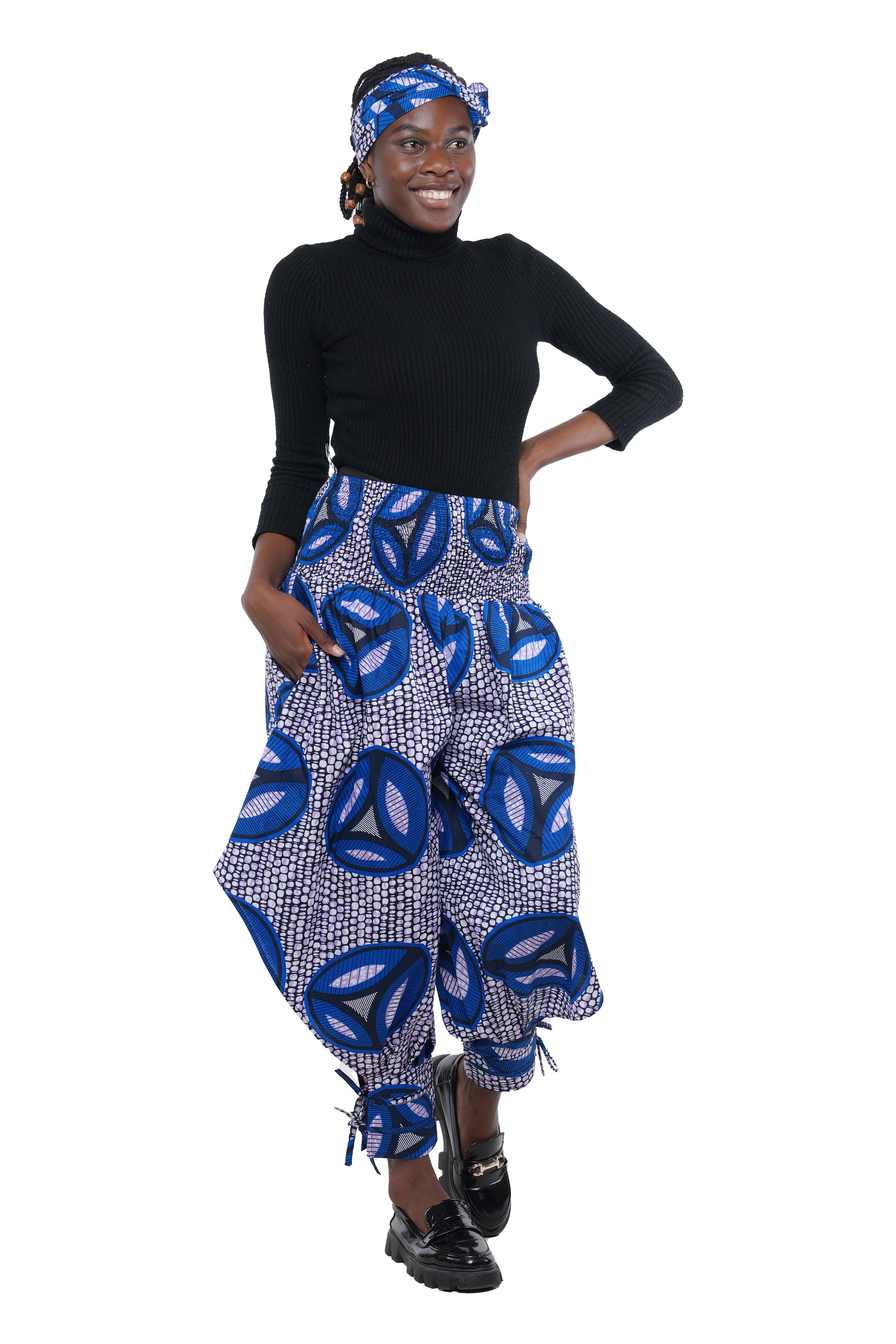 African Smocked Waist Harem Pants W/Ties 100% Cotton Two Pockets & Wrap One Size