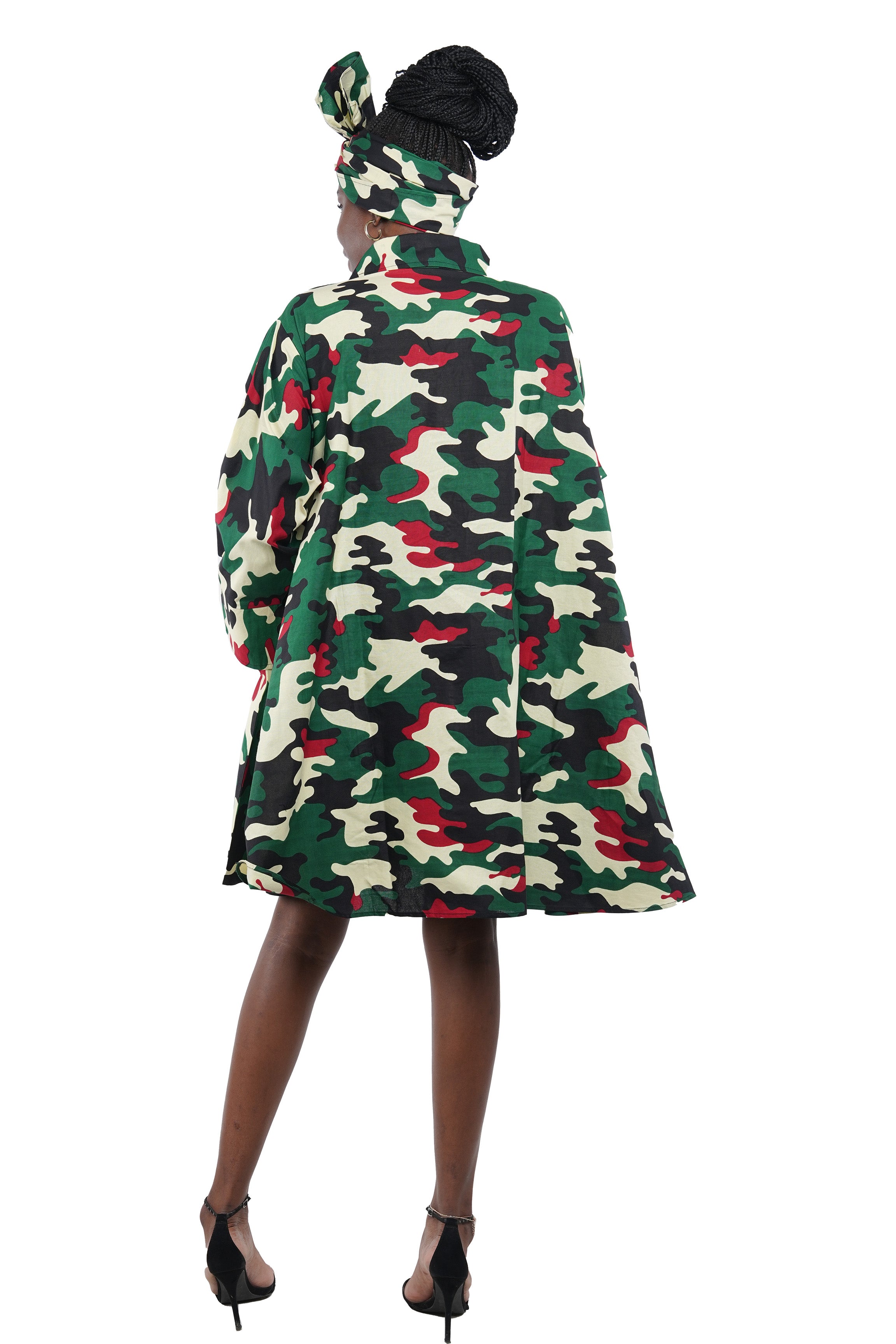 African Women Button Up Swing Dress with Head Wrap & Pockets – Cotton
