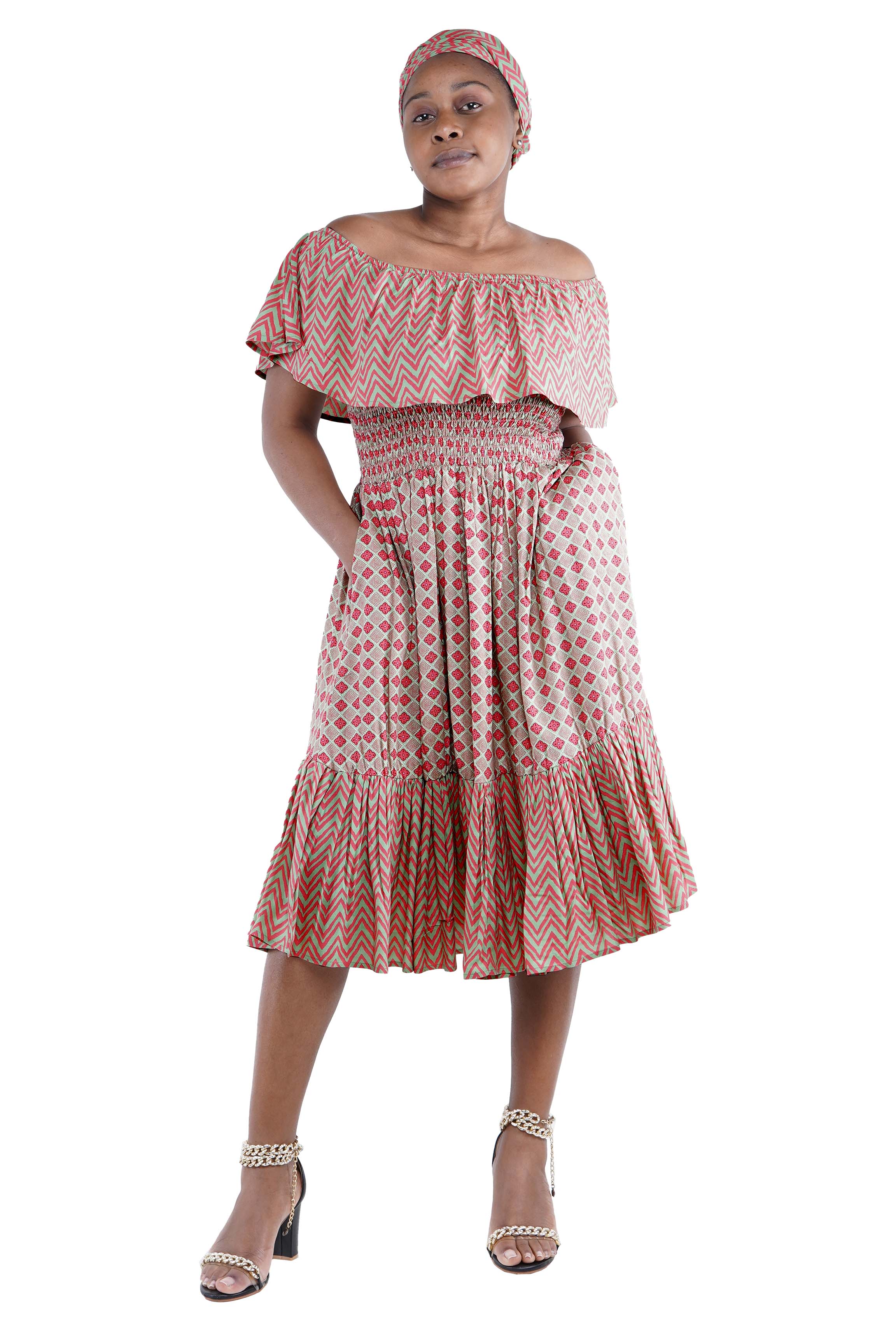 Pink & Green Printed Fit and Flare Dress