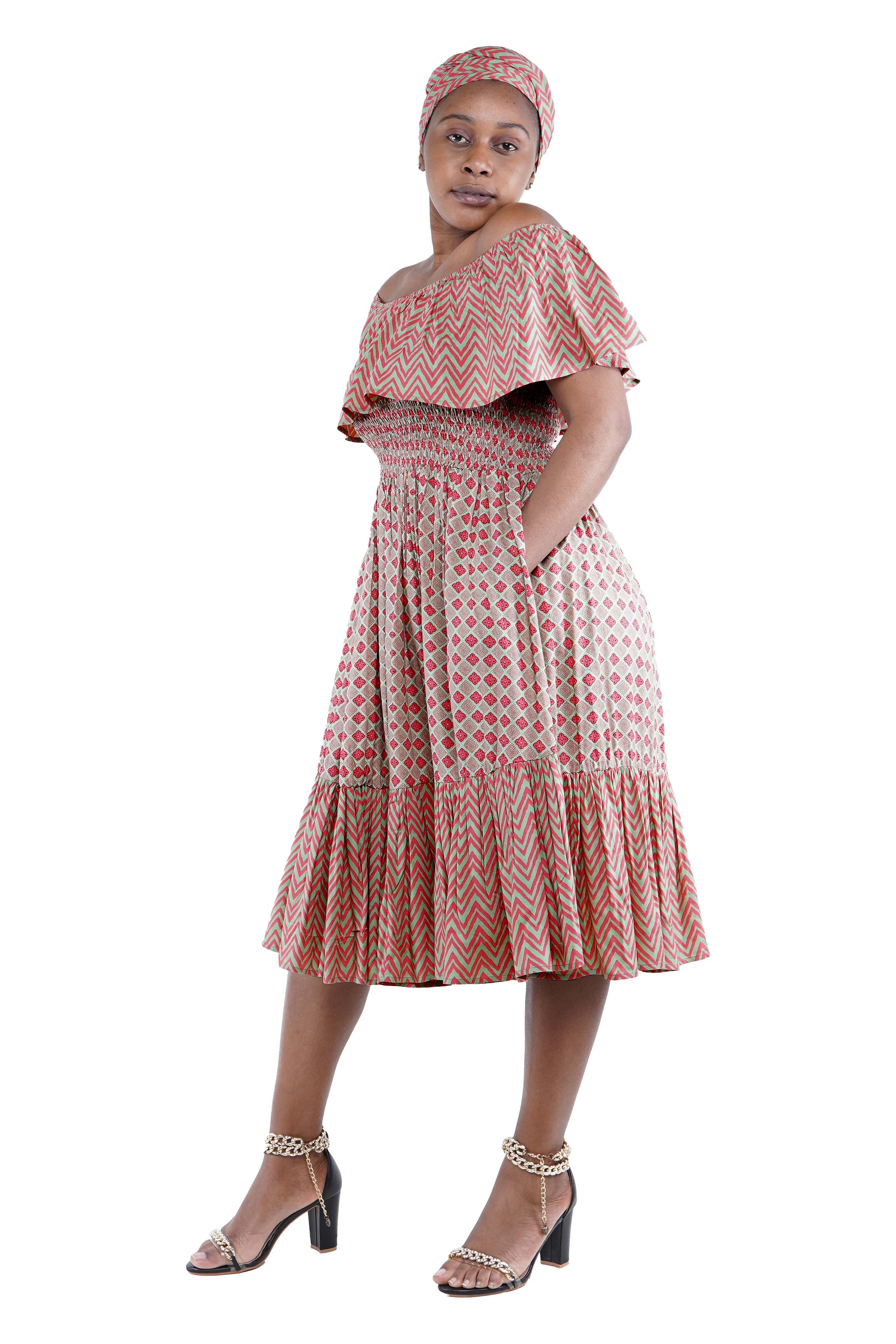 Pink & Green Printed Fit and Flare Dress