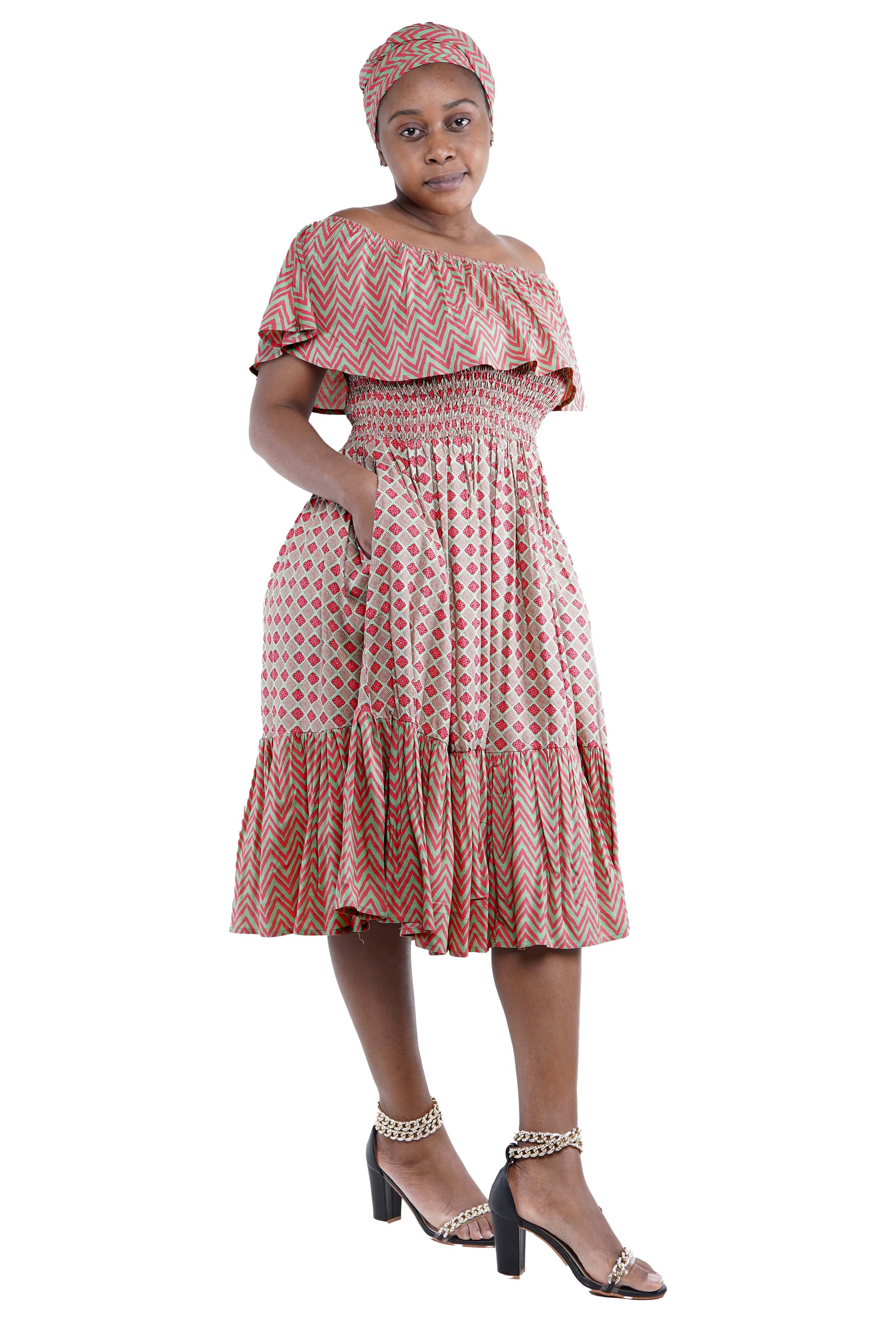 Pink & Green Printed Fit and Flare Dress