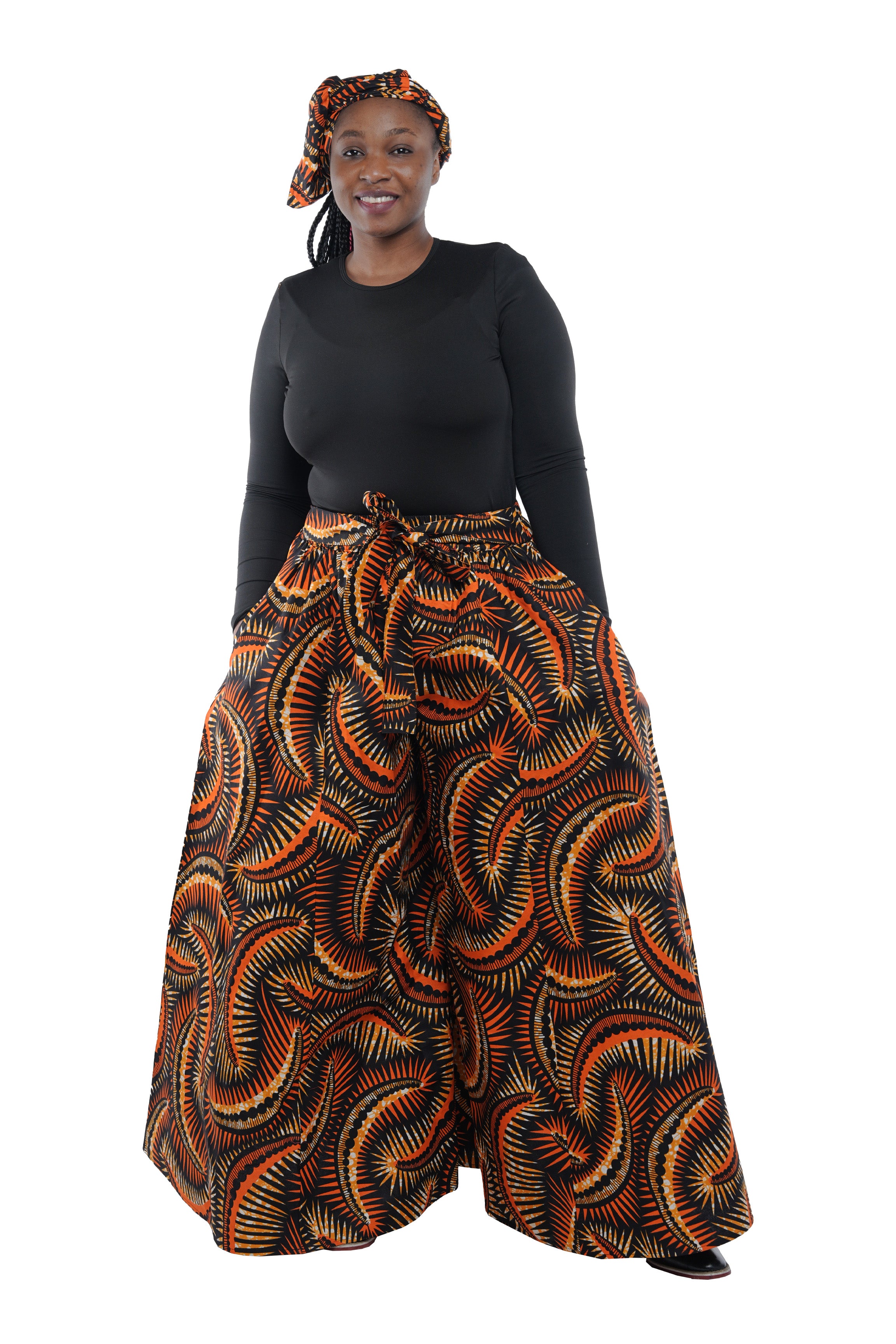 African Palazzo Pants Set w/ Headwrap | Wide Leg Cotton Pants w/ Belts & Pockets, One Size Ankara