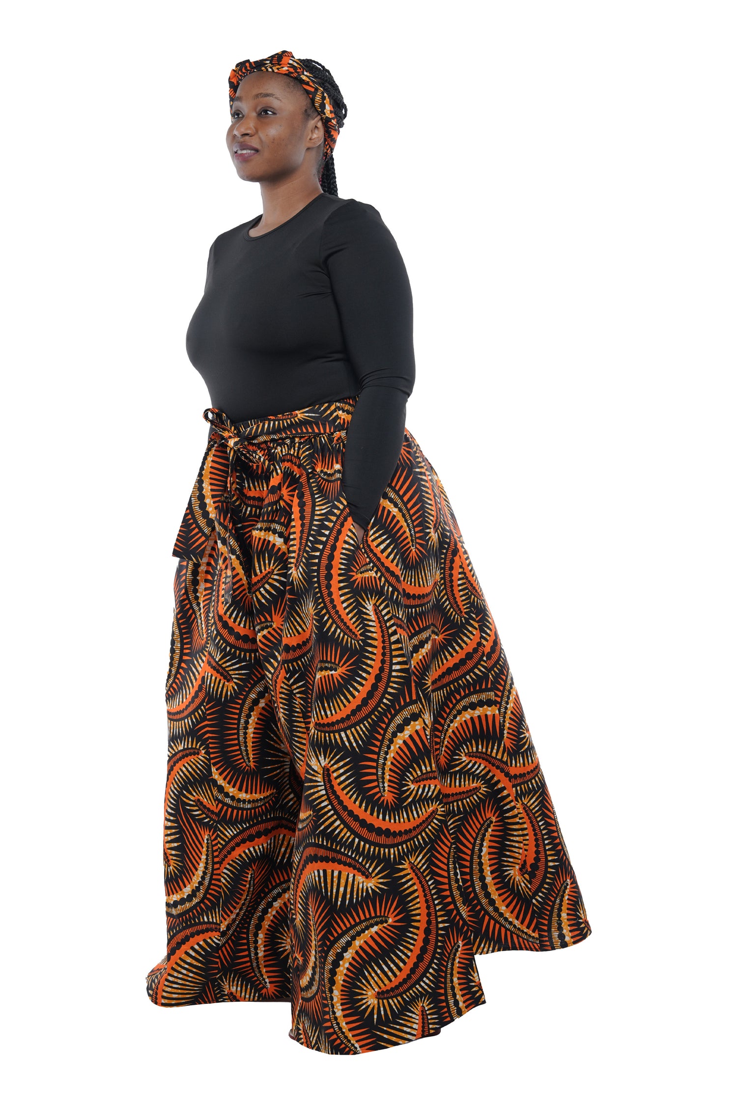 African Palazzo Pants Set w/ Headwrap | Wide Leg Cotton Pants w/ Belts & Pockets, One Size Ankara