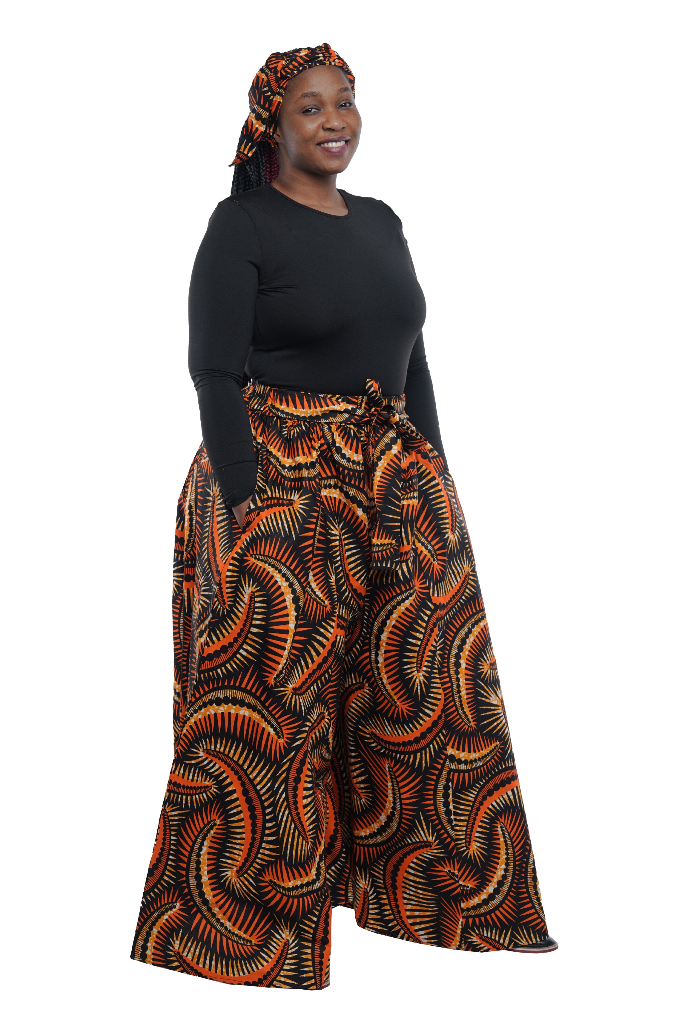 African Palazzo Pants Set w/ Headwrap | Wide Leg Cotton Pants w/ Belts & Pockets, One Size Ankara