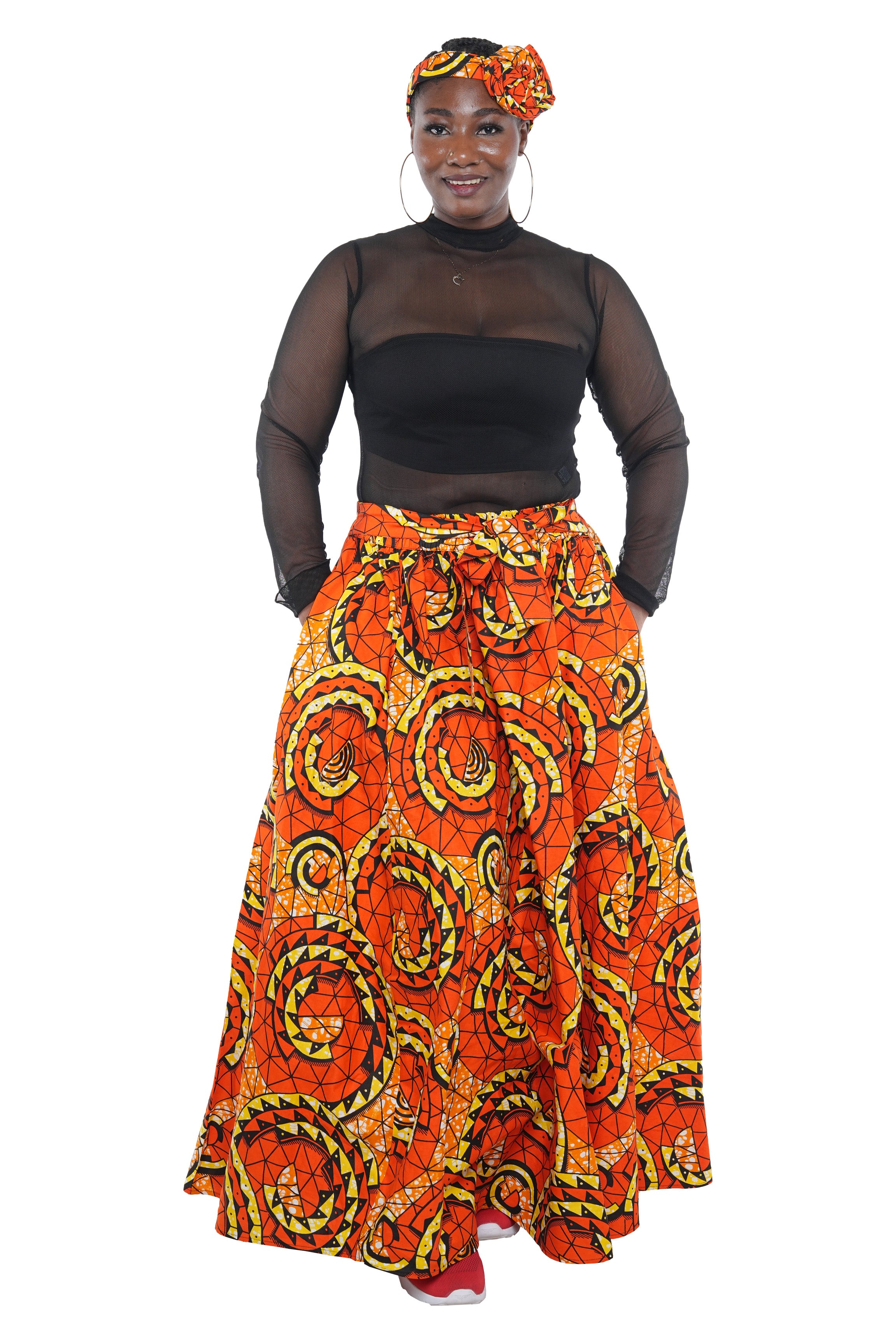 African Long Maxi Skirt 100% Cotton w/ Pockets & Headwrap One Size 41” Length