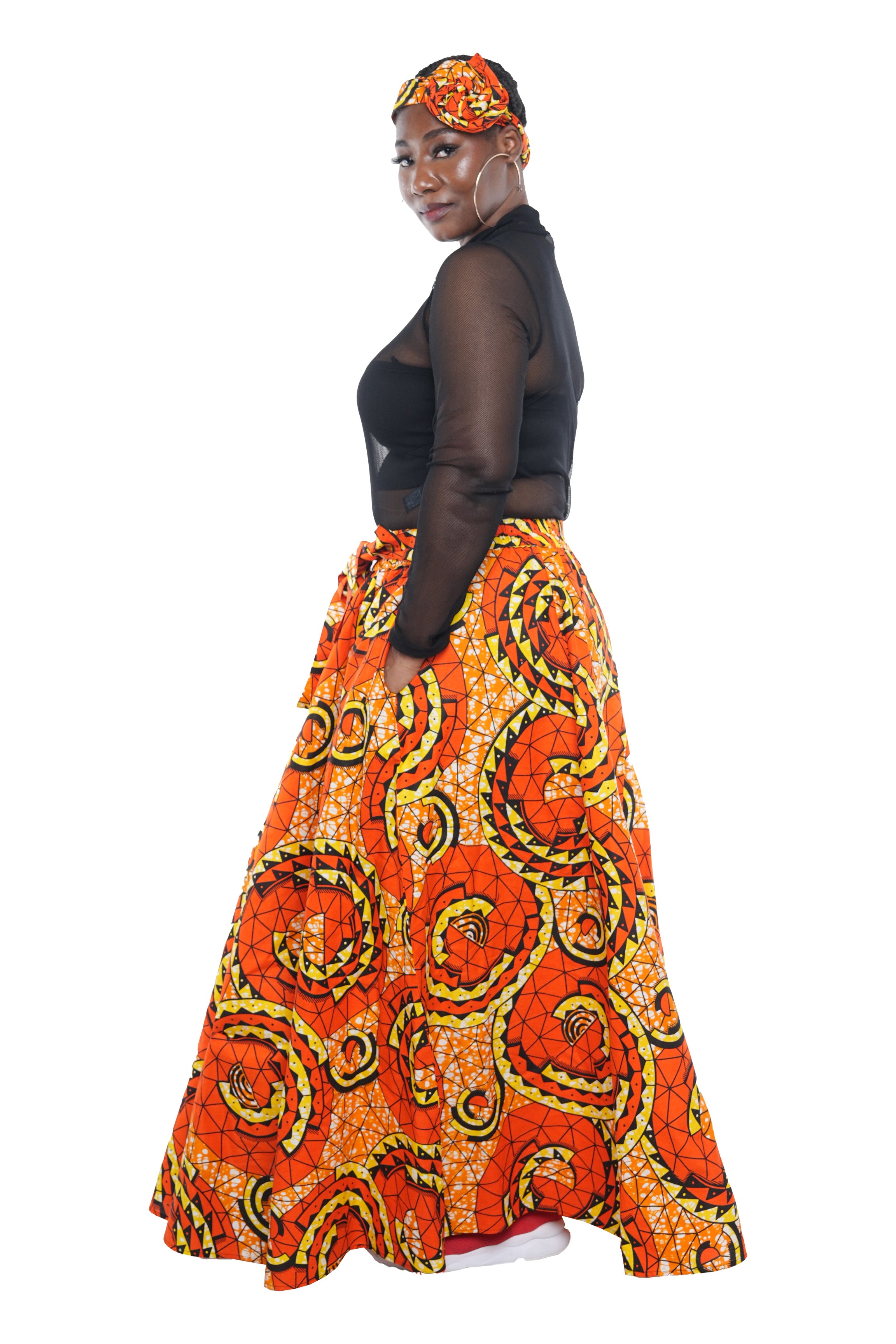 African Long Maxi Skirt 100% Cotton w/ Pockets & Headwrap One Size 41” Length