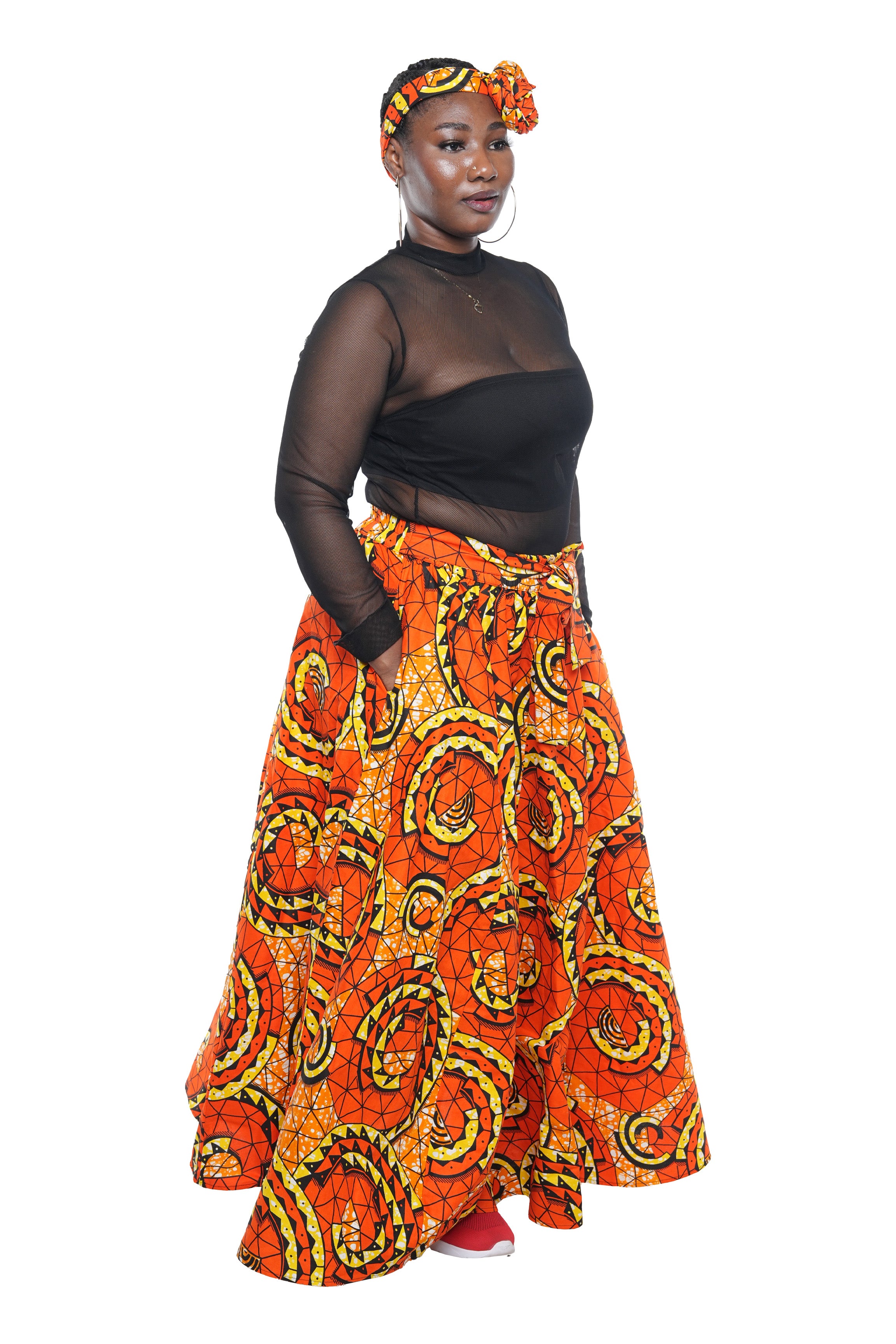 African Long Maxi Skirt 100% Cotton w/ Pockets & Headwrap One Size 41” Length