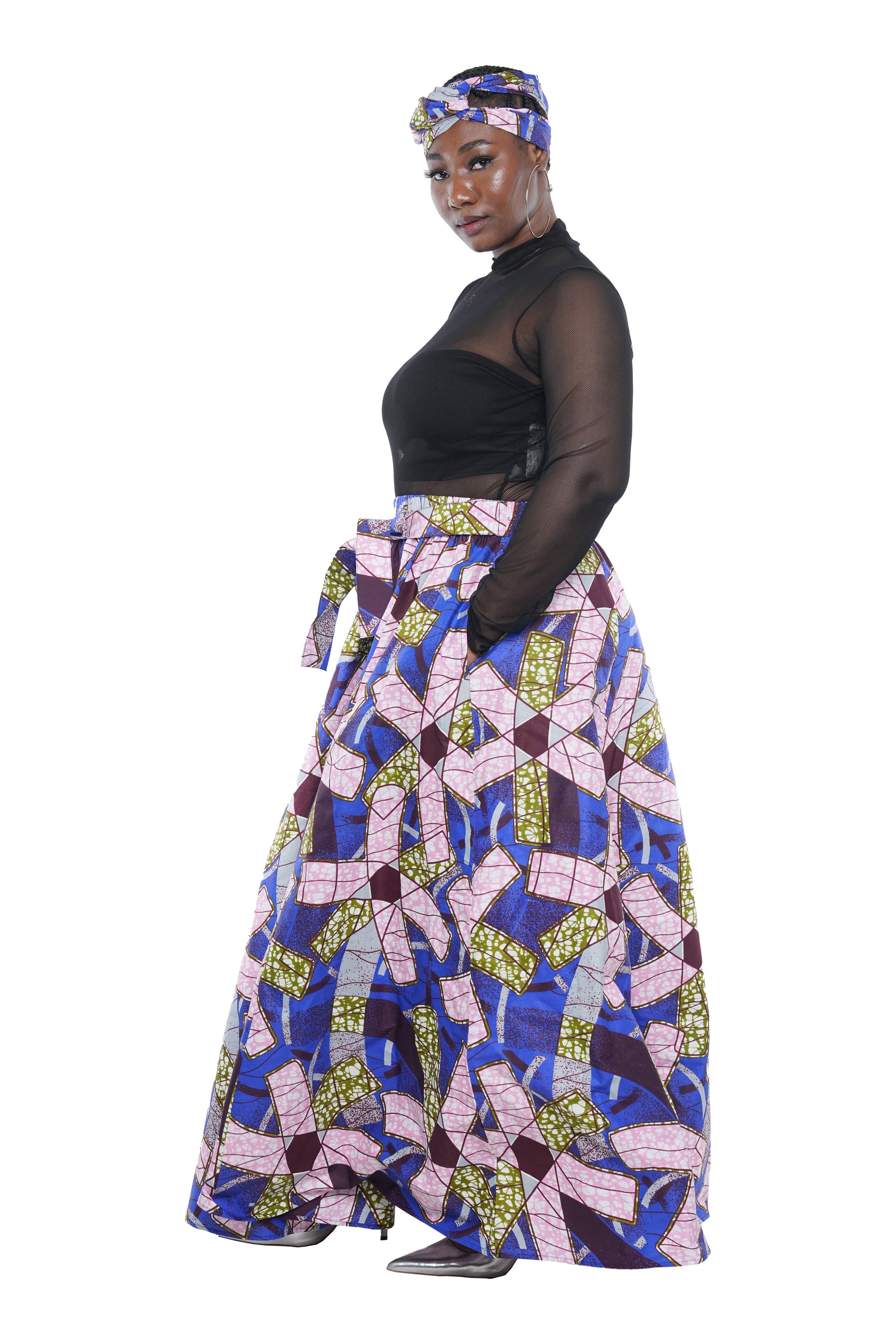 African Long Maxi Skirt 100% Cotton w/ Pockets & Headwrap One Size 41” Length