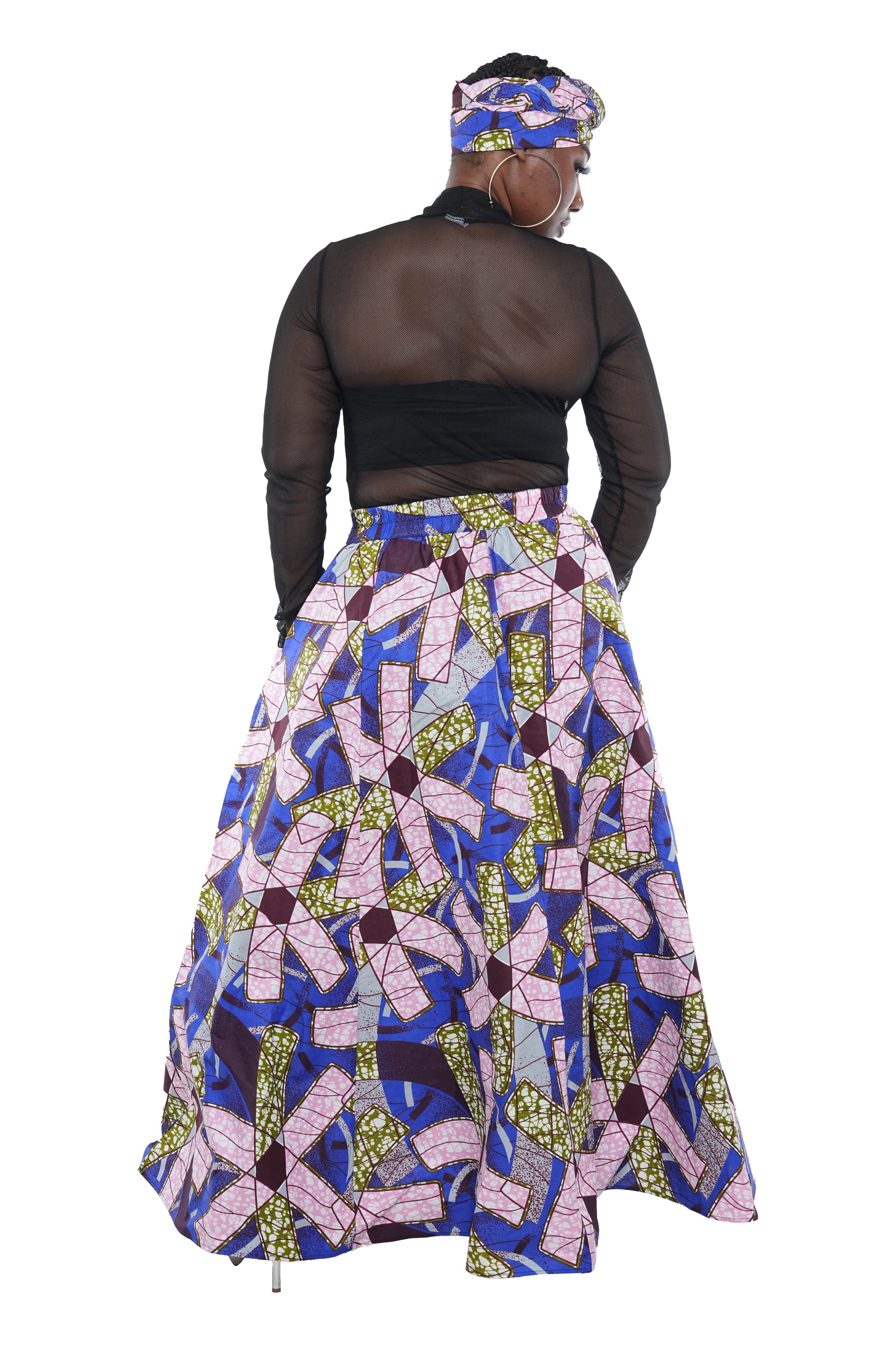 African Long Maxi Skirt 100% Cotton w/ Pockets & Headwrap One Size 41” Length