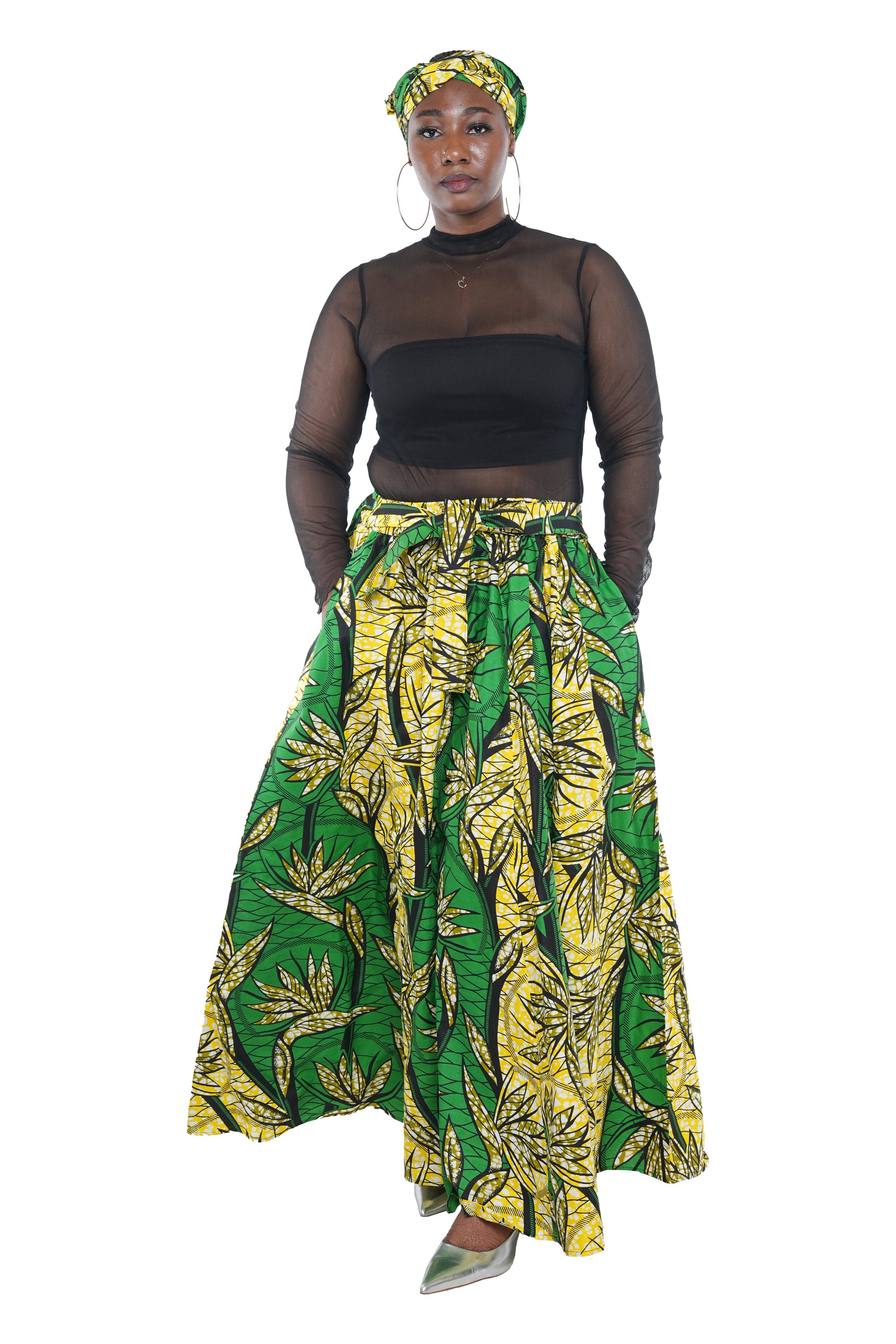 African Long Maxi Skirt 100% Cotton w/ Pockets & Headwrap One Size 41” Length