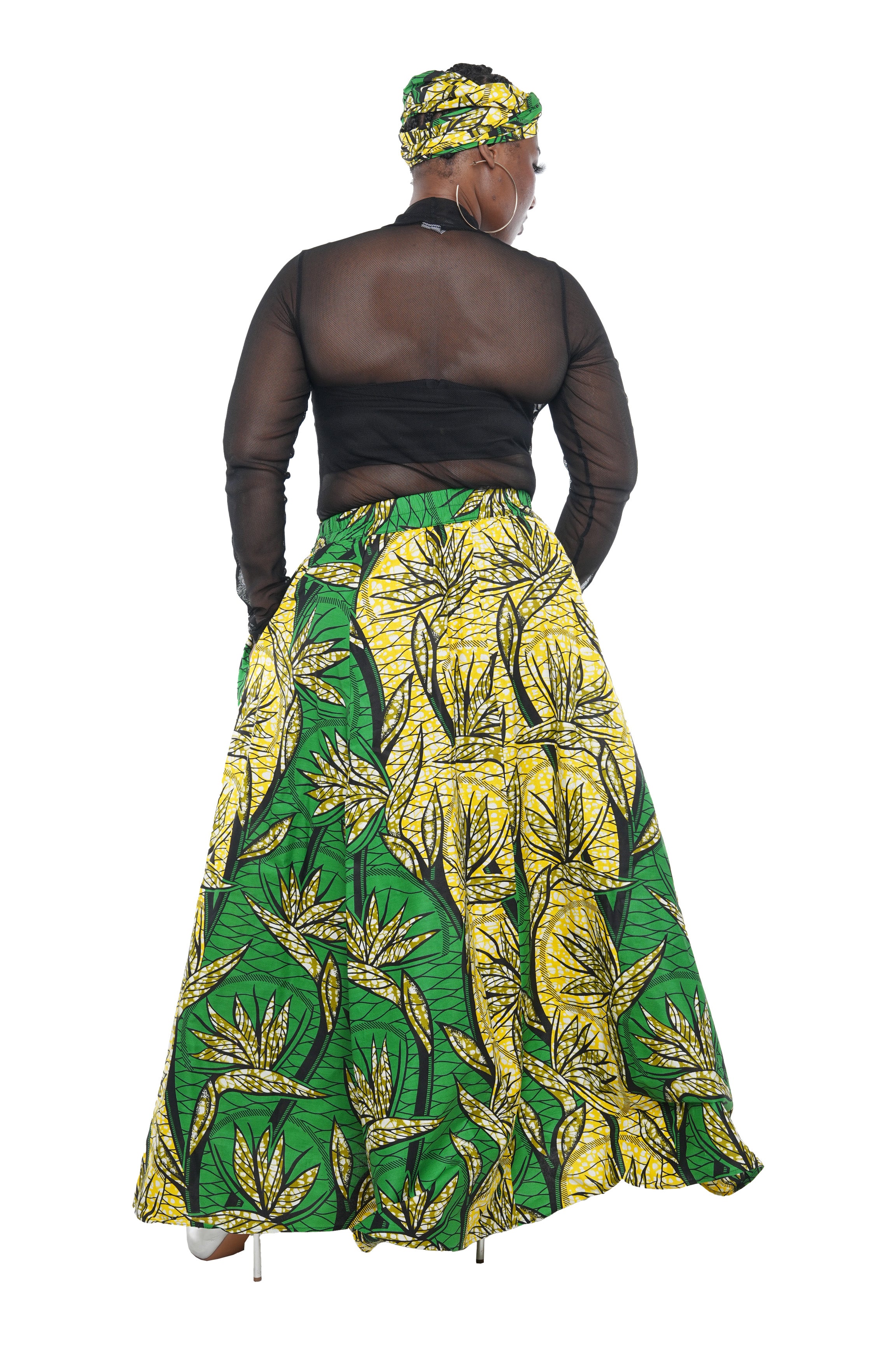 African Long Maxi Skirt 100% Cotton w/ Pockets & Headwrap One Size 41” Length