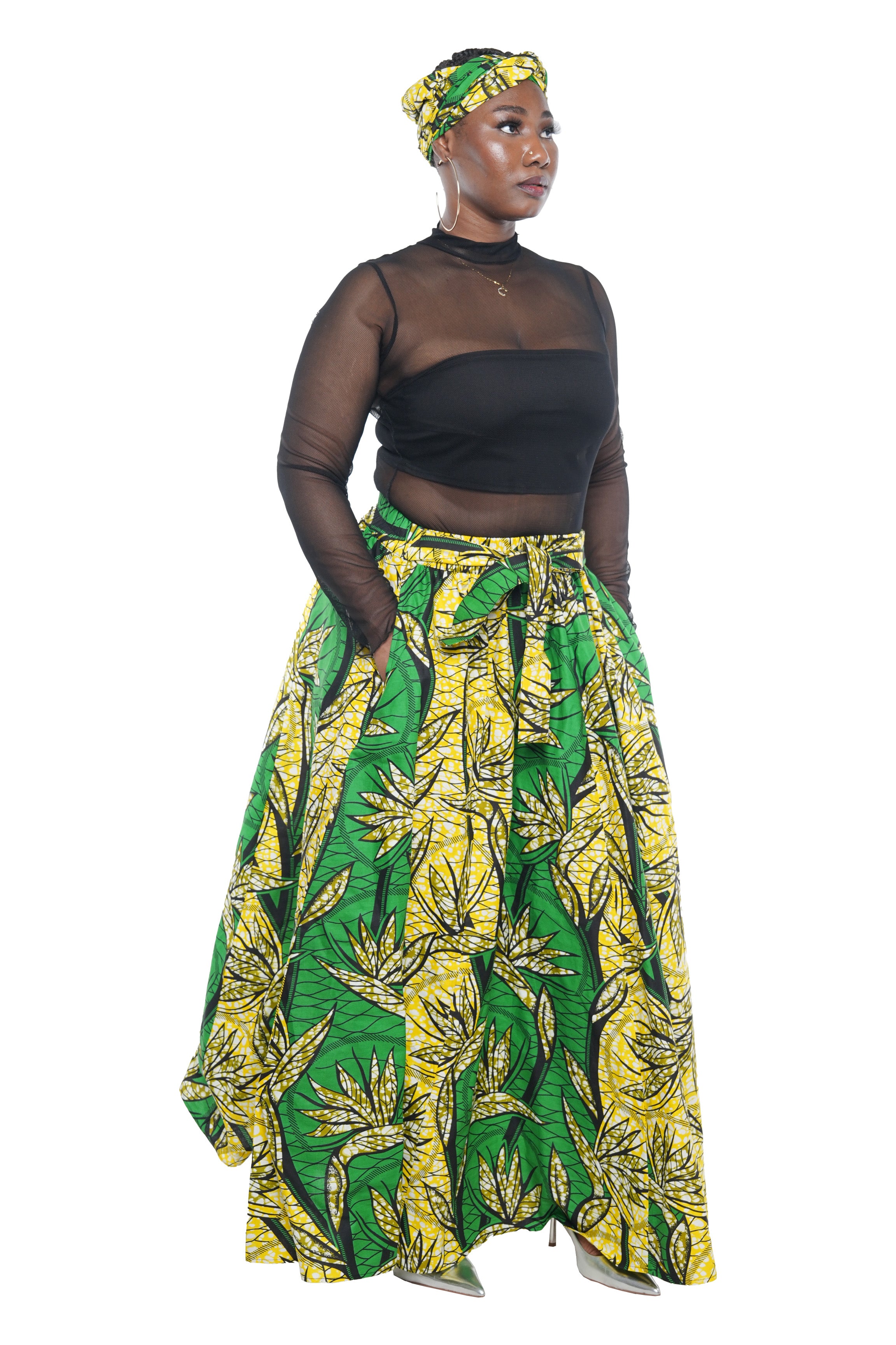 African Long Maxi Skirt 100% Cotton w/ Pockets & Headwrap One Size 41” Length