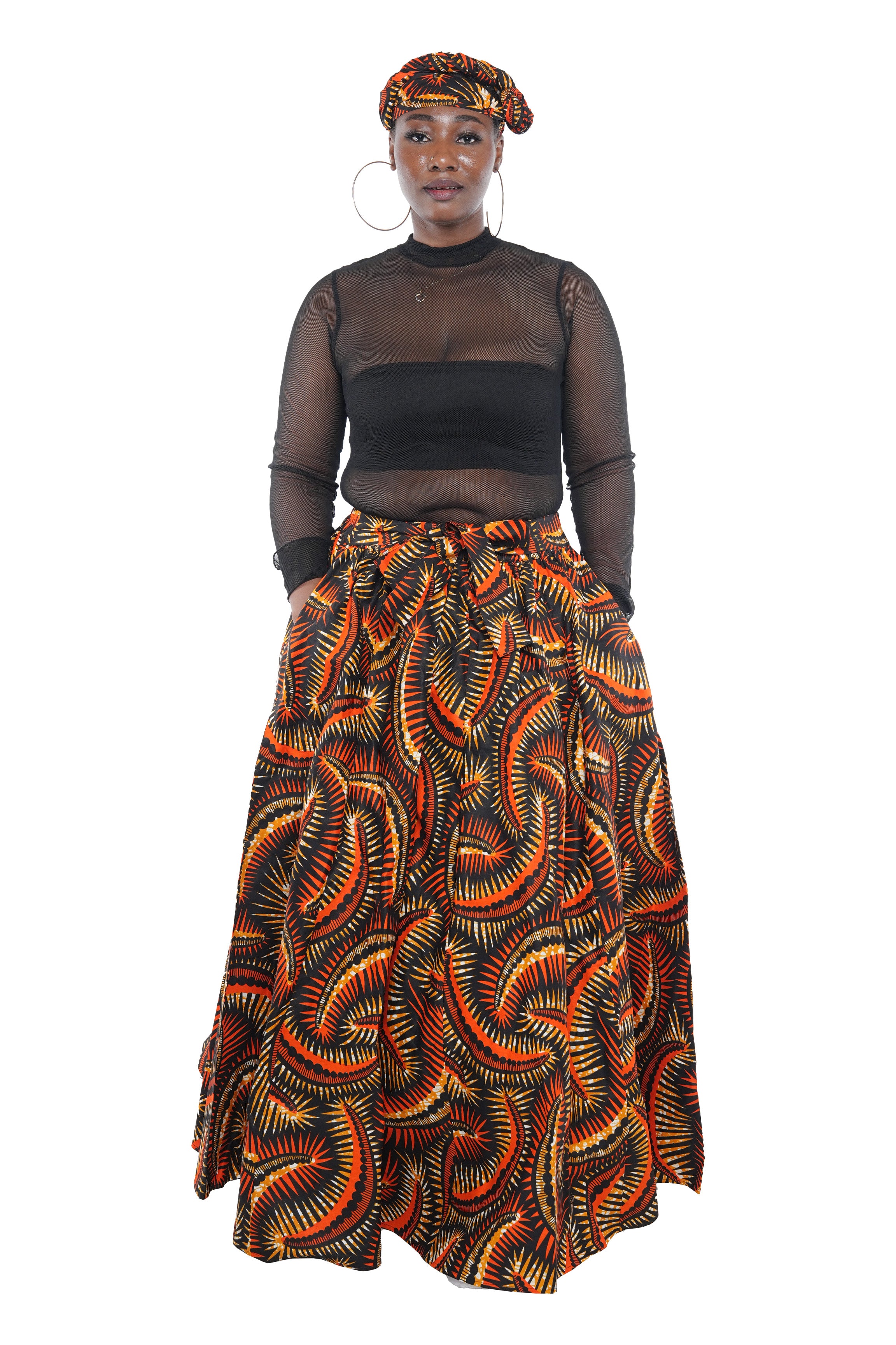 African Long Maxi Skirt 100% Cotton w/ Pockets & Headwrap One Size 41” Length