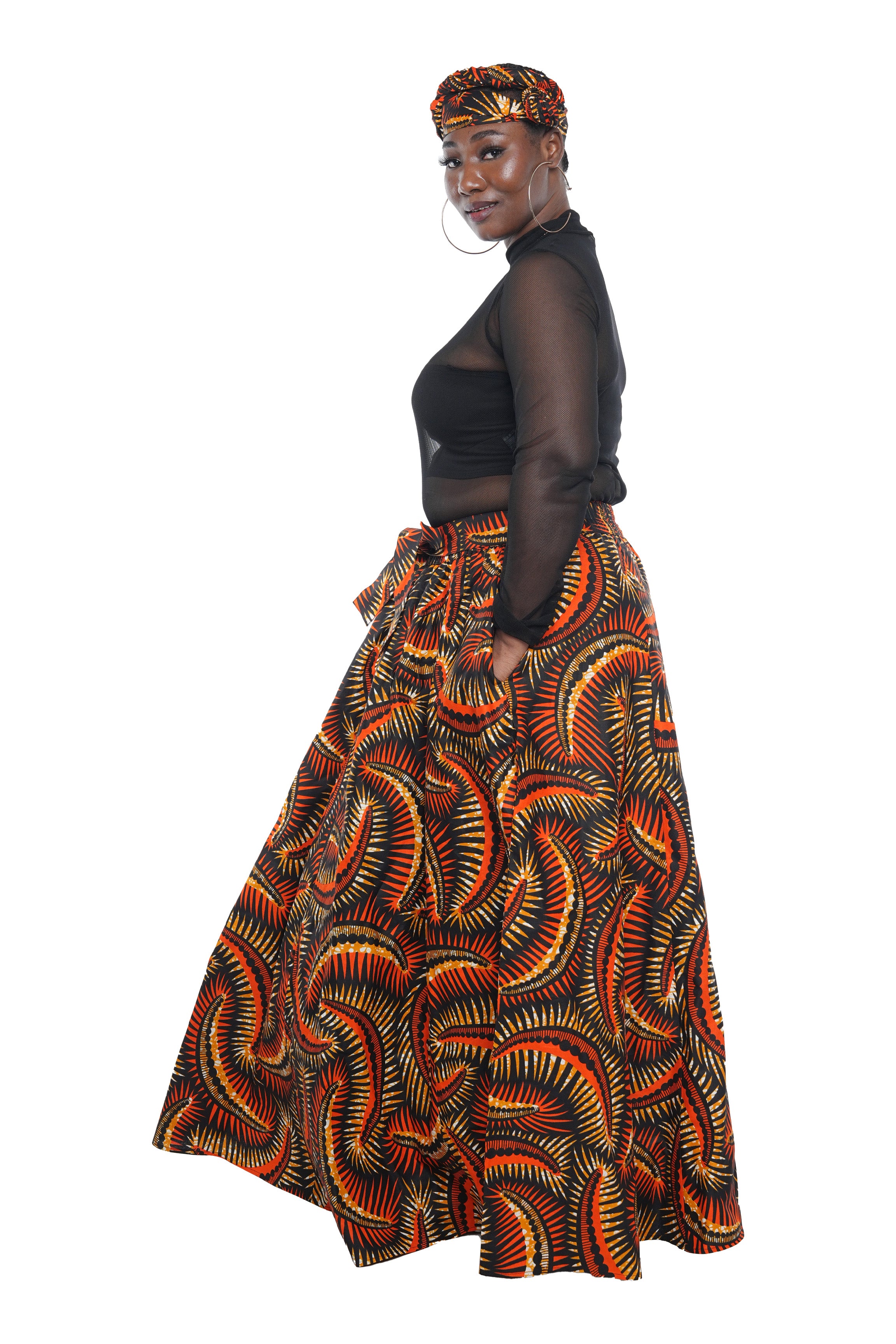African Long Maxi Skirt 100% Cotton w/ Pockets & Headwrap One Size 41” Length