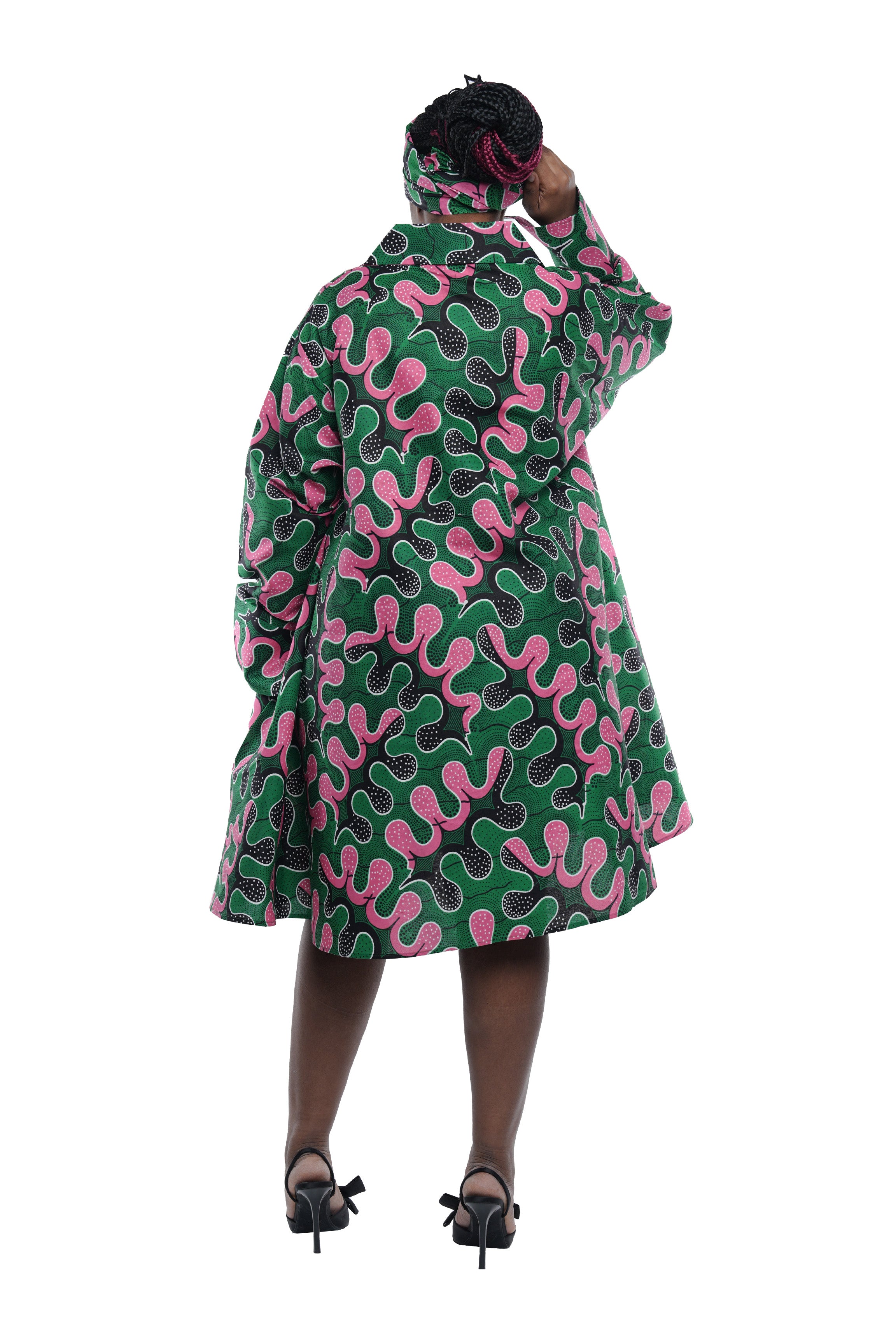 African Women Button Up Swing Dress with Head Wrap & Pockets – Cotton