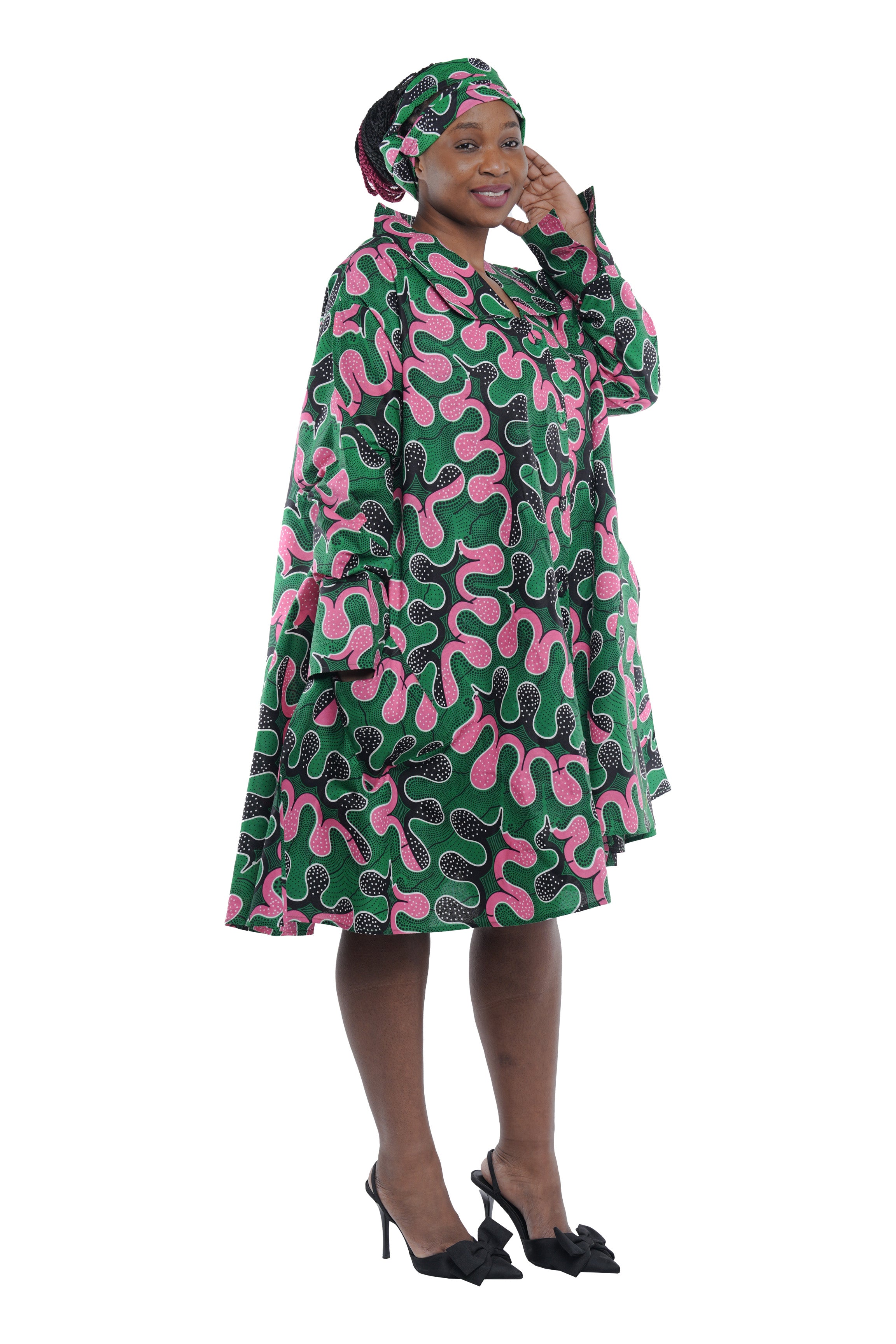 African Women Button Up Swing Dress with Head Wrap & Pockets – Cotton