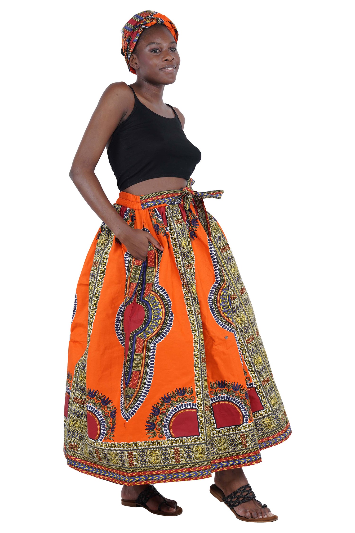 Orange Dashiki Long Maxi Skirt