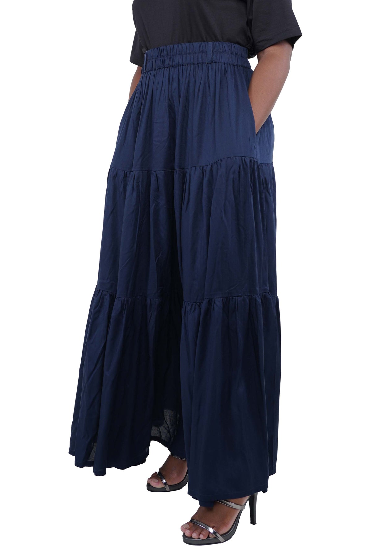 Women Navy Blue Long Maxi Tiered Skirt