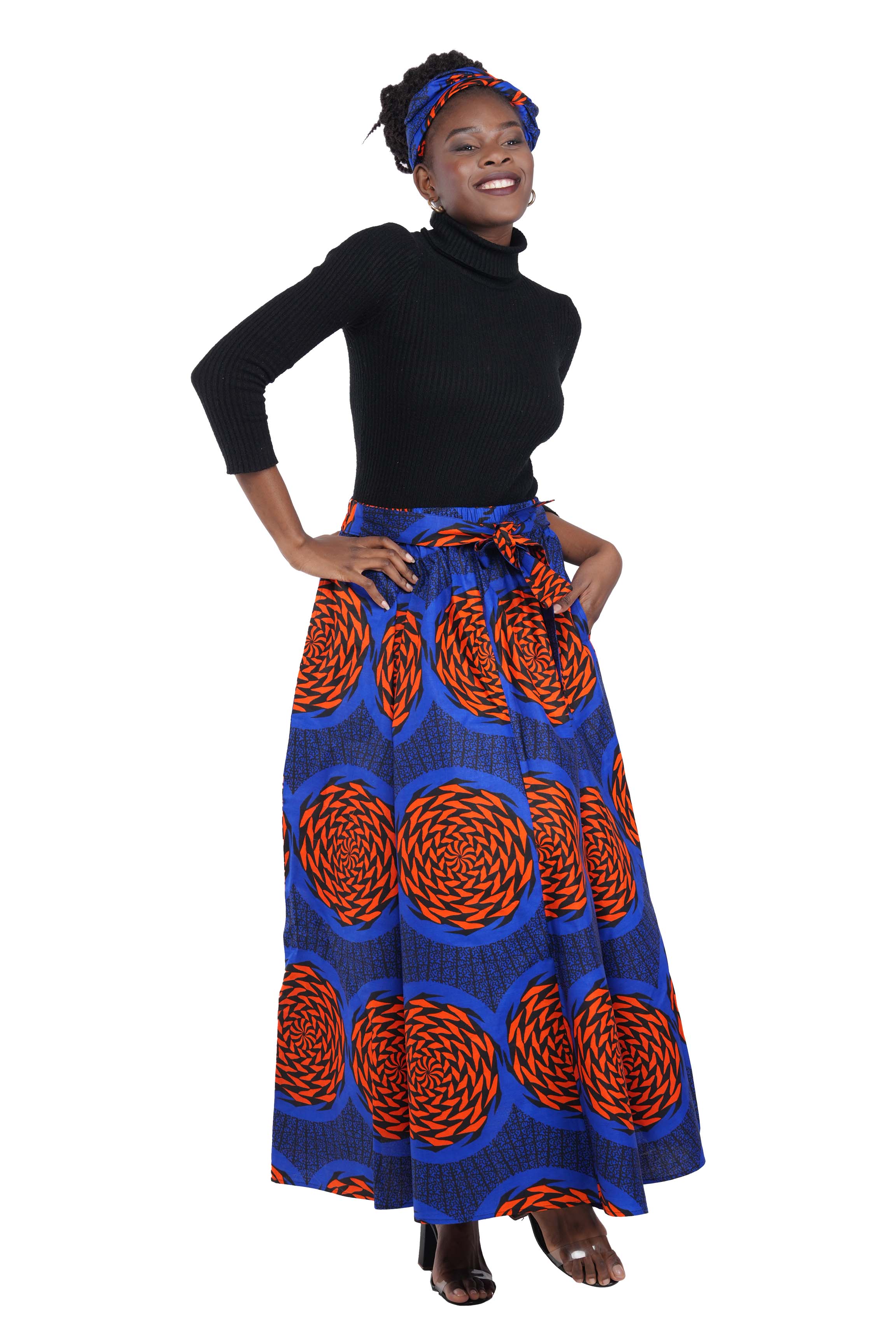 African Long Maxi Skirt 100% Cotton w/ Pockets & Headwrap One Size 41” Length