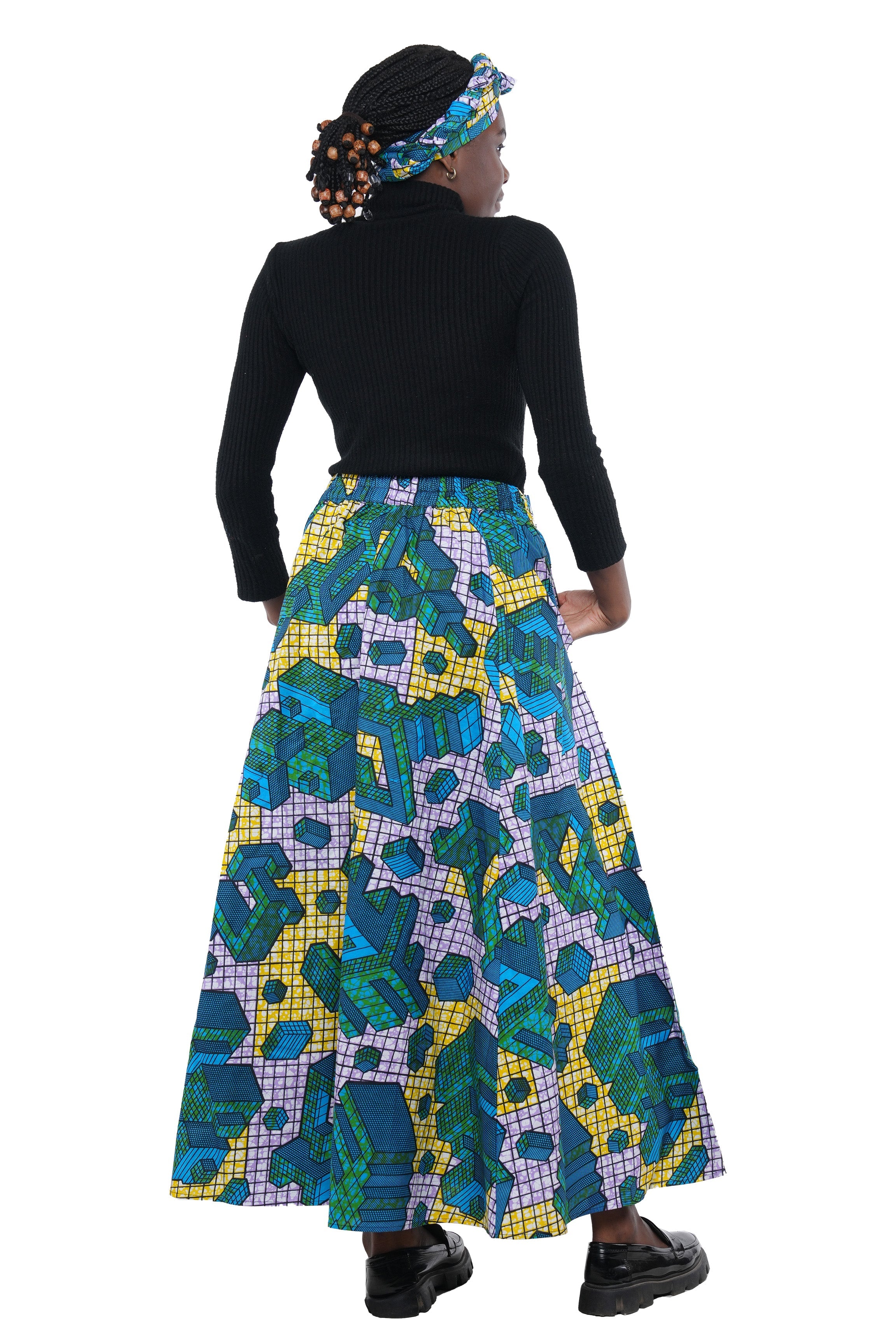 African Long Maxi Skirt 100% Cotton w/ Pockets & Headwrap One Size 41” Length