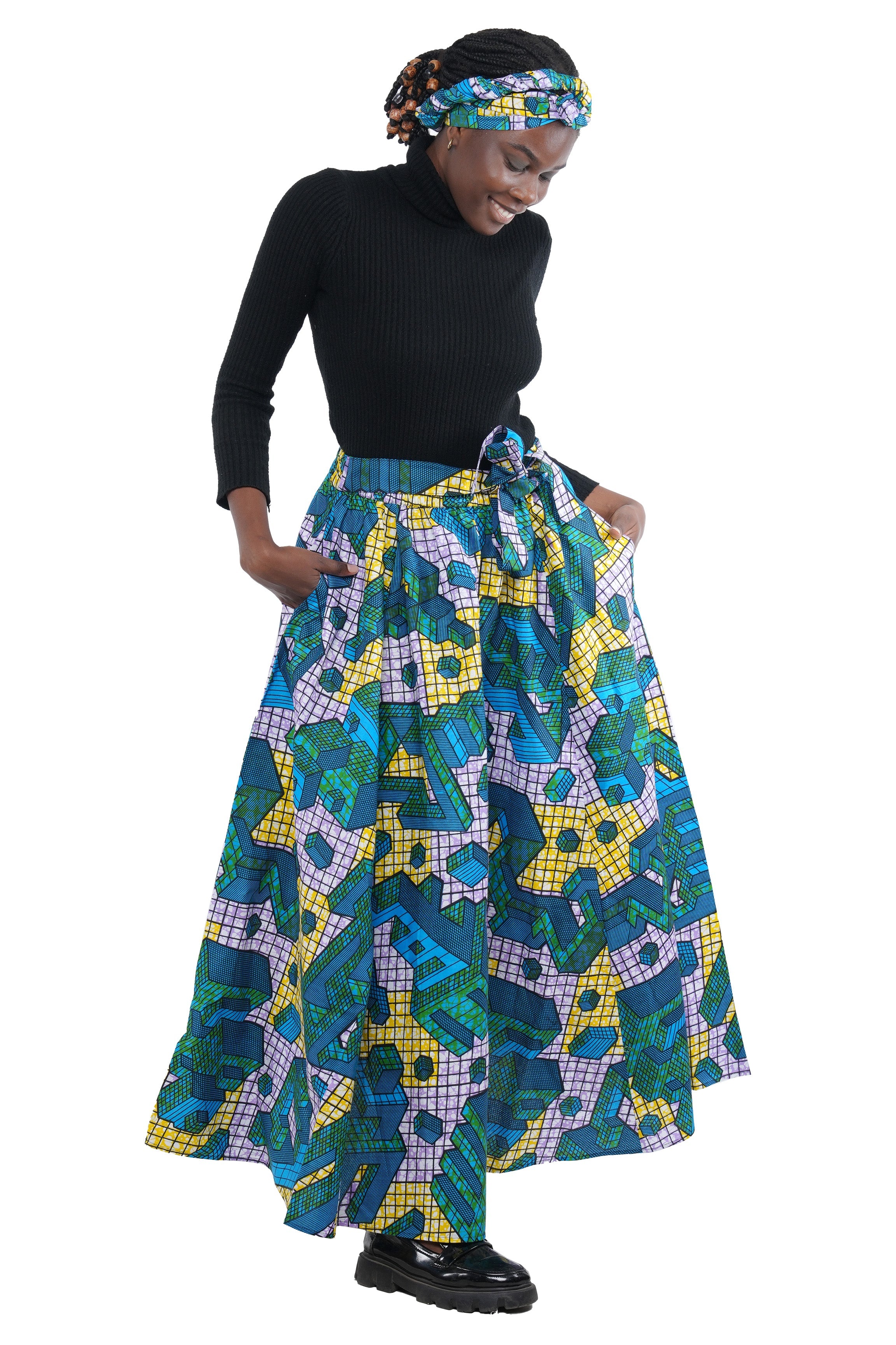 African Long Maxi Skirt 100% Cotton w/ Pockets & Headwrap One Size 41” Length