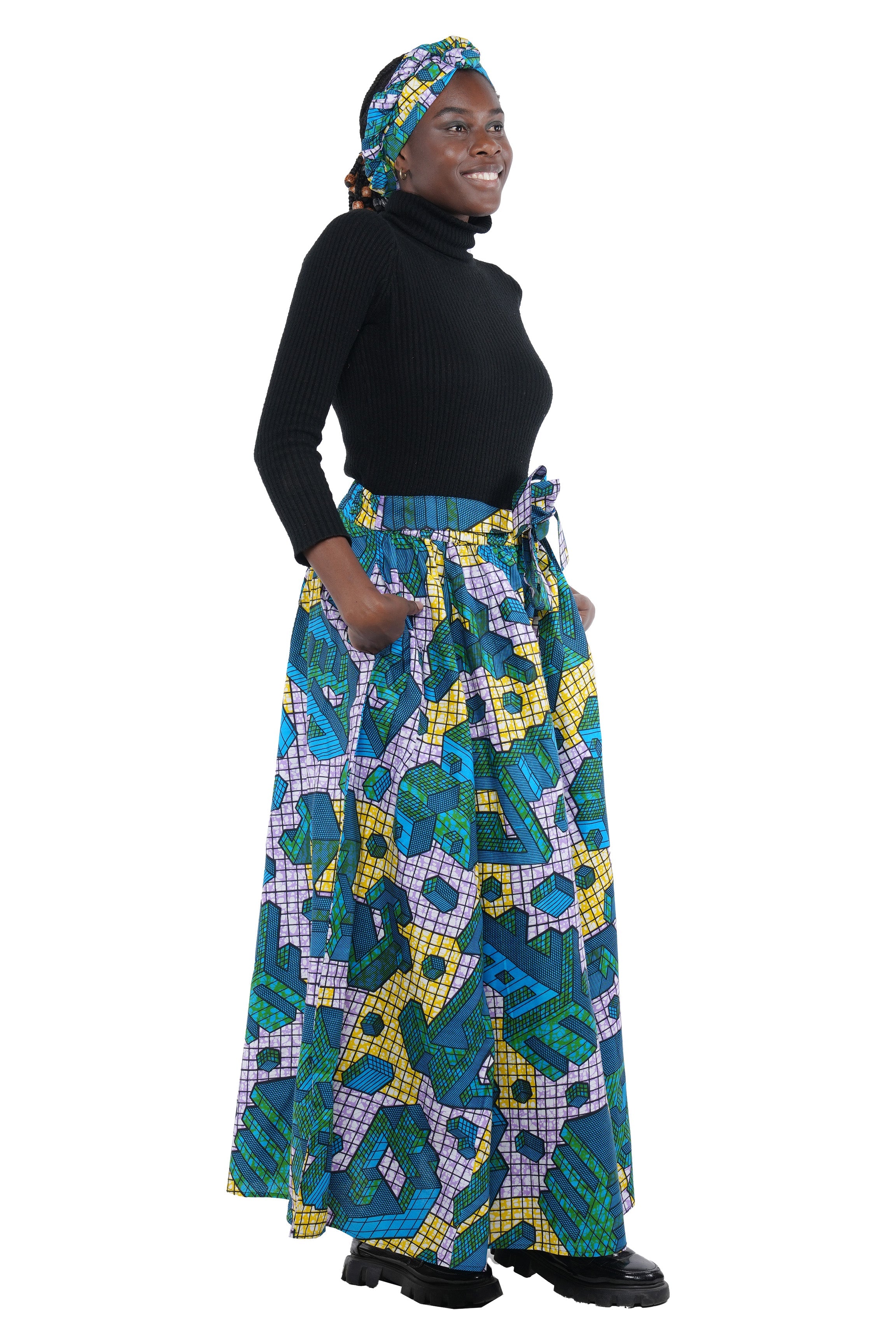 African Long Maxi Skirt 100% Cotton w/ Pockets & Headwrap One Size 41” Length