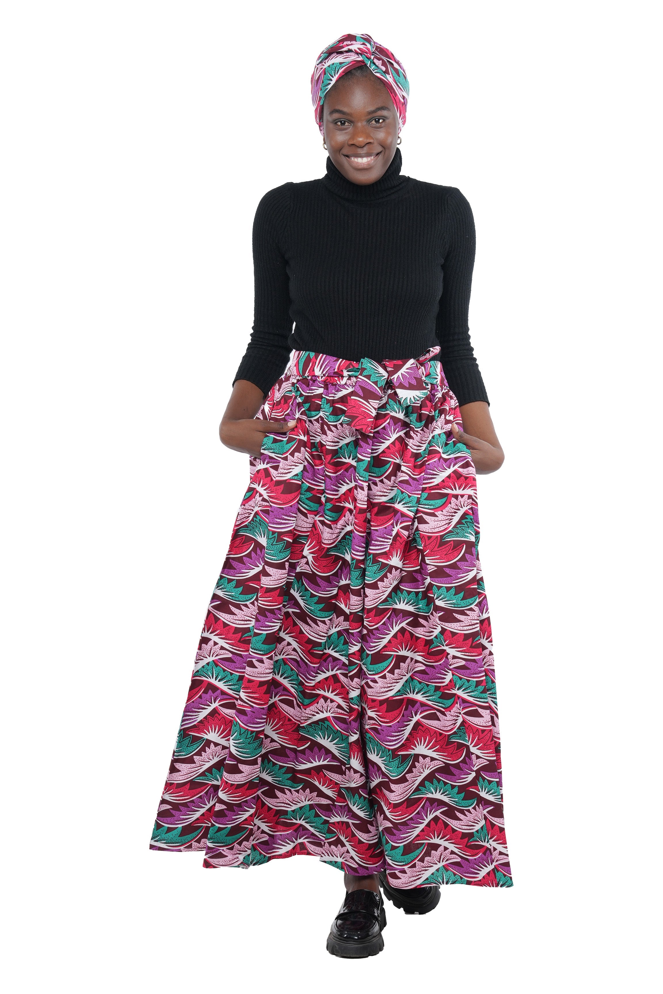 African Long Maxi Skirt 100% Cotton w/ Pockets & Headwrap One Size 41” Length