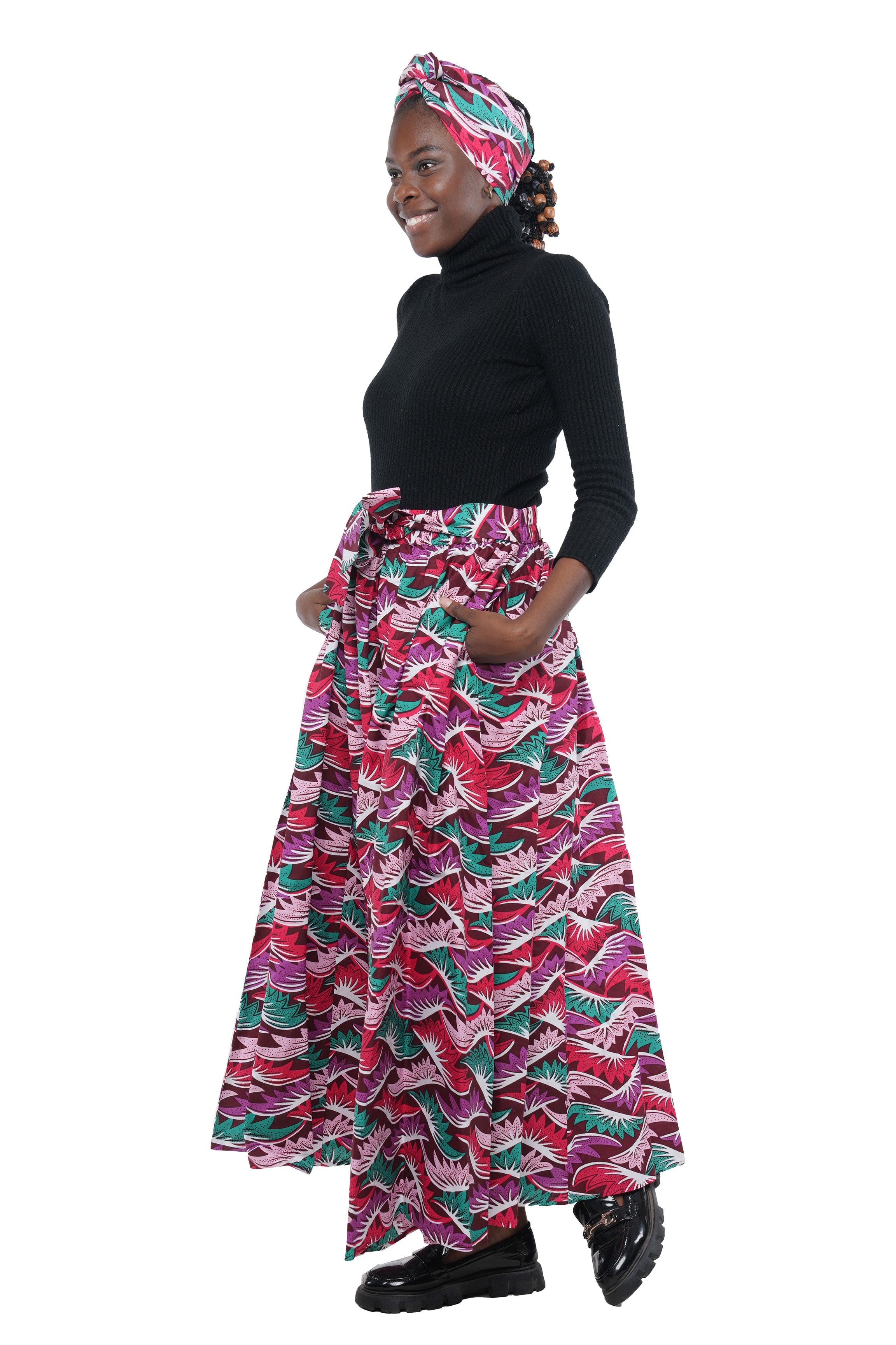 African Long Maxi Skirt 100% Cotton w/ Pockets & Headwrap One Size 41” Length