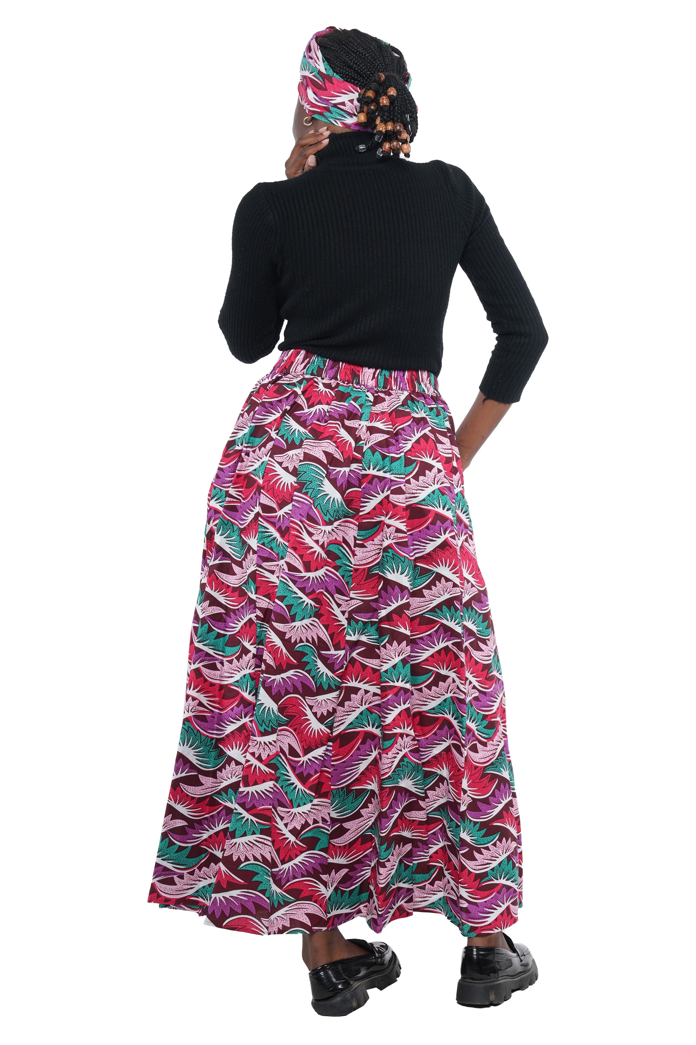 African Long Maxi Skirt 100% Cotton w/ Pockets & Headwrap One Size 41” Length