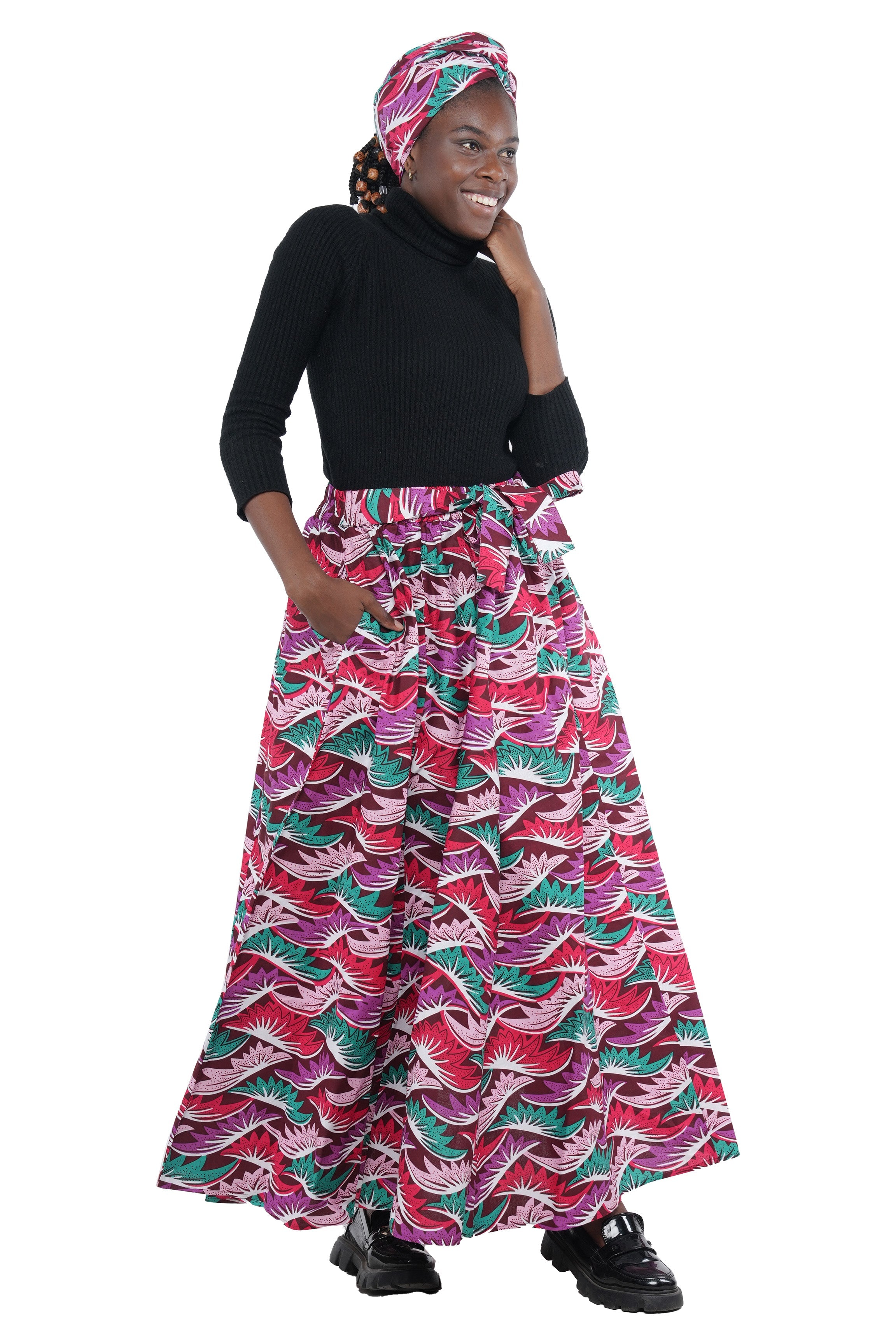 African Long Maxi Skirt 100% Cotton w/ Pockets & Headwrap One Size 41” Length