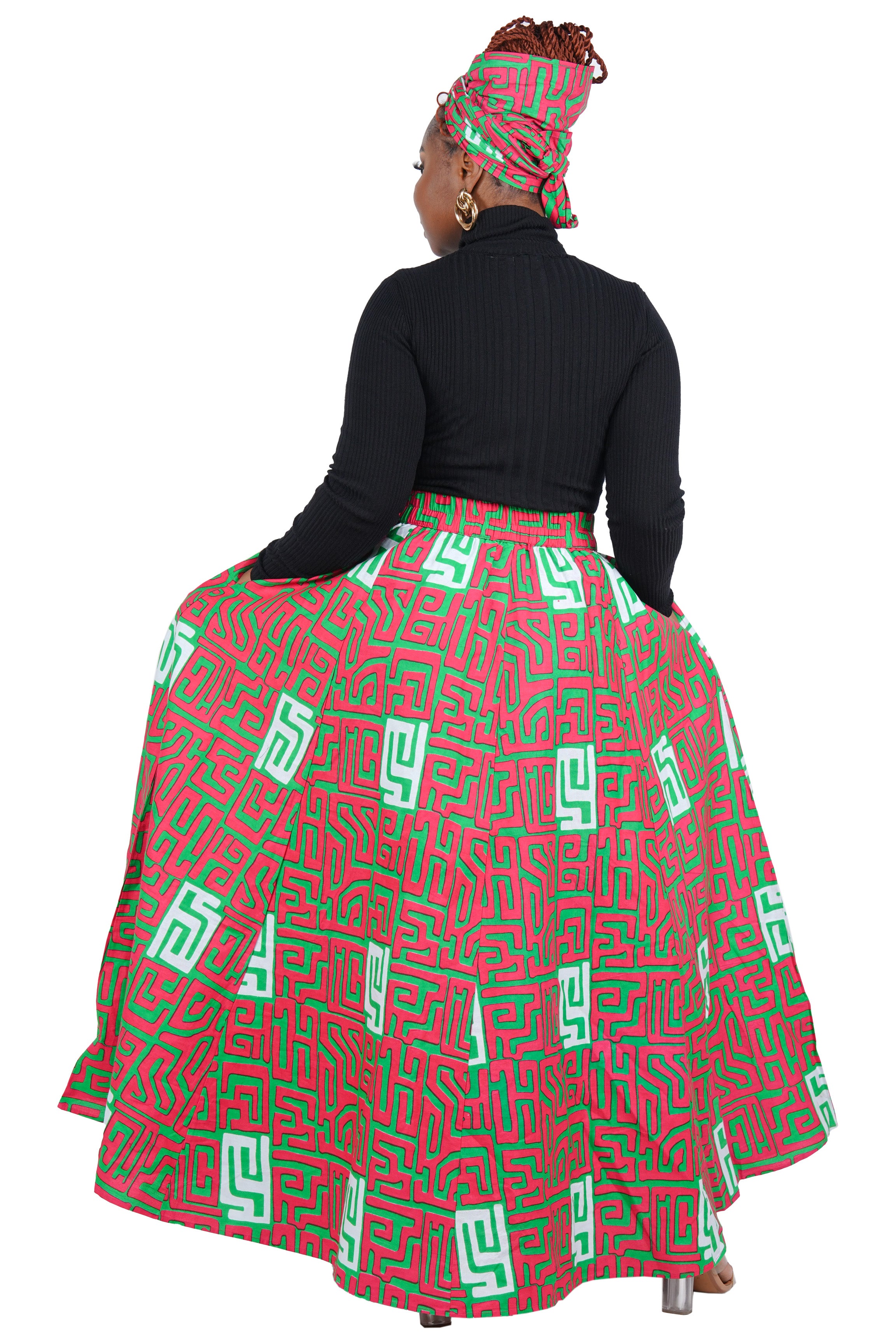 African Long Maxi Skirt 100% Cotton w/ Pockets & Headwrap One Size 41” Length