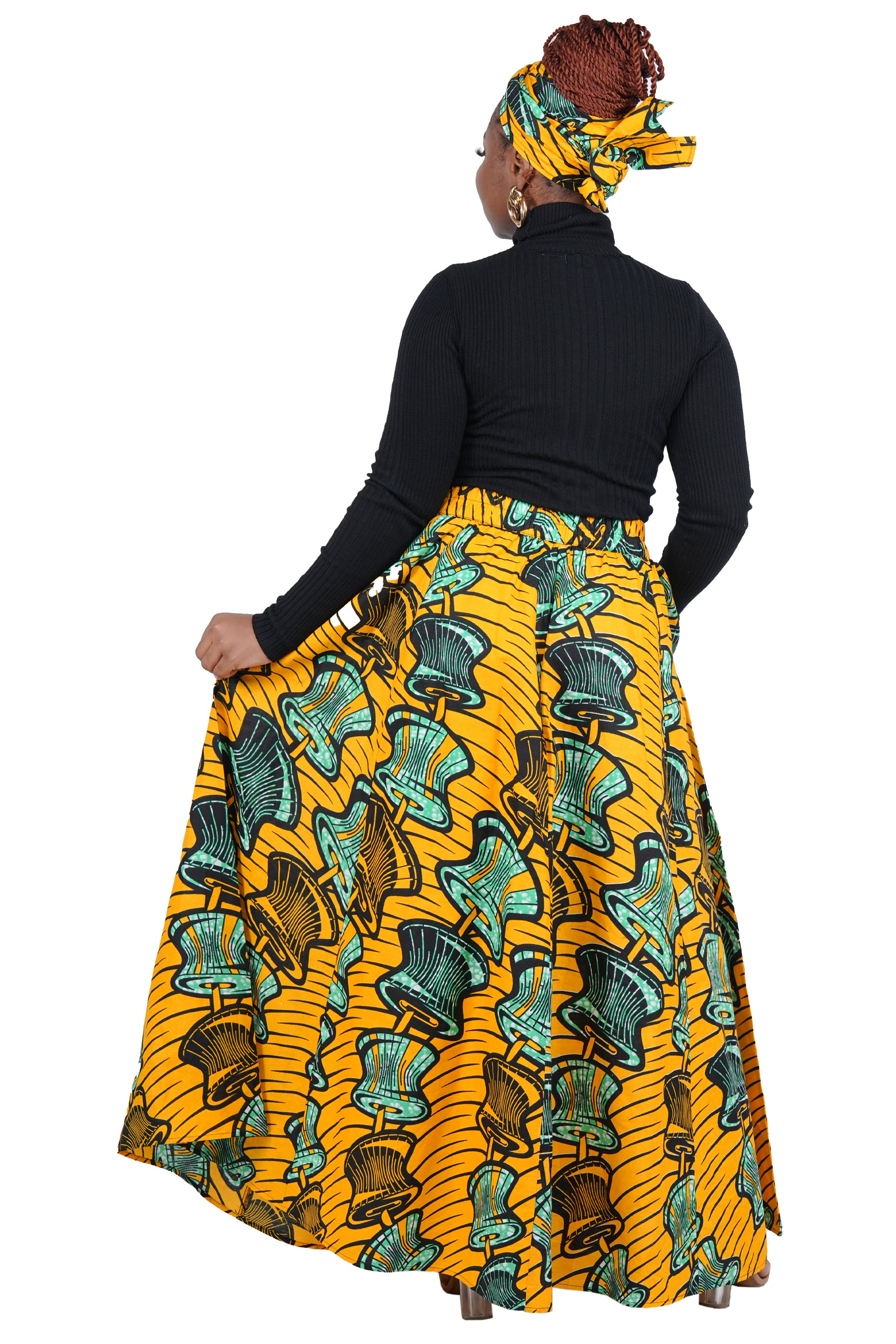 African Long Maxi Skirt 100% Cotton w/ Pockets & Headwrap One Size 41” Length