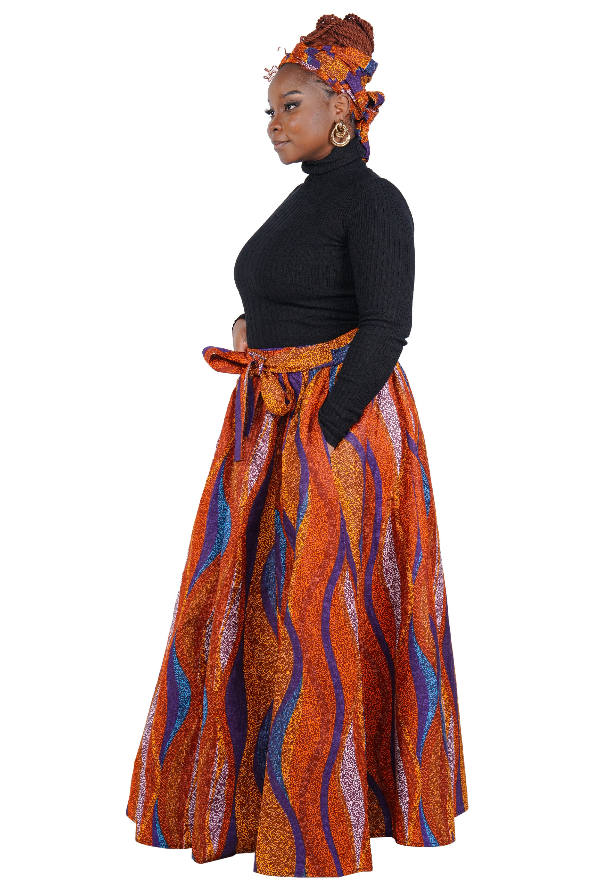 African Long Maxi Skirt 100% Cotton w/ Pockets & Headwrap One Size 41” Length