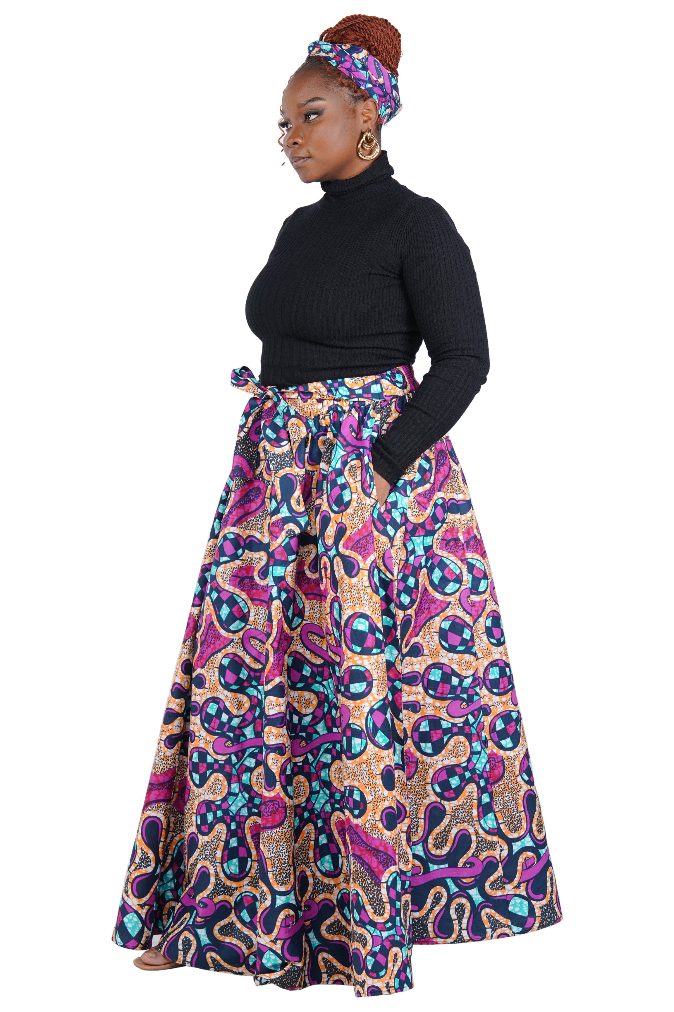 African Long Maxi Skirt 100% Cotton w/ Pockets & Headwrap One Size 41” Length