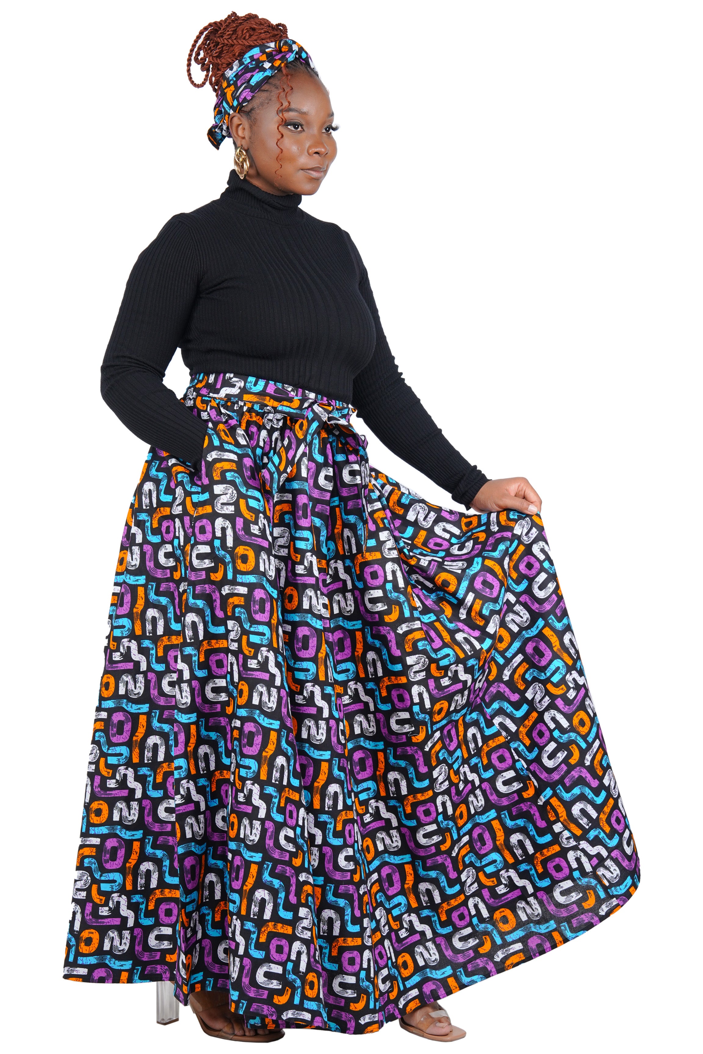 African Long Maxi Skirt 100% Cotton w/ Pockets & Headwrap One Size 41” Length