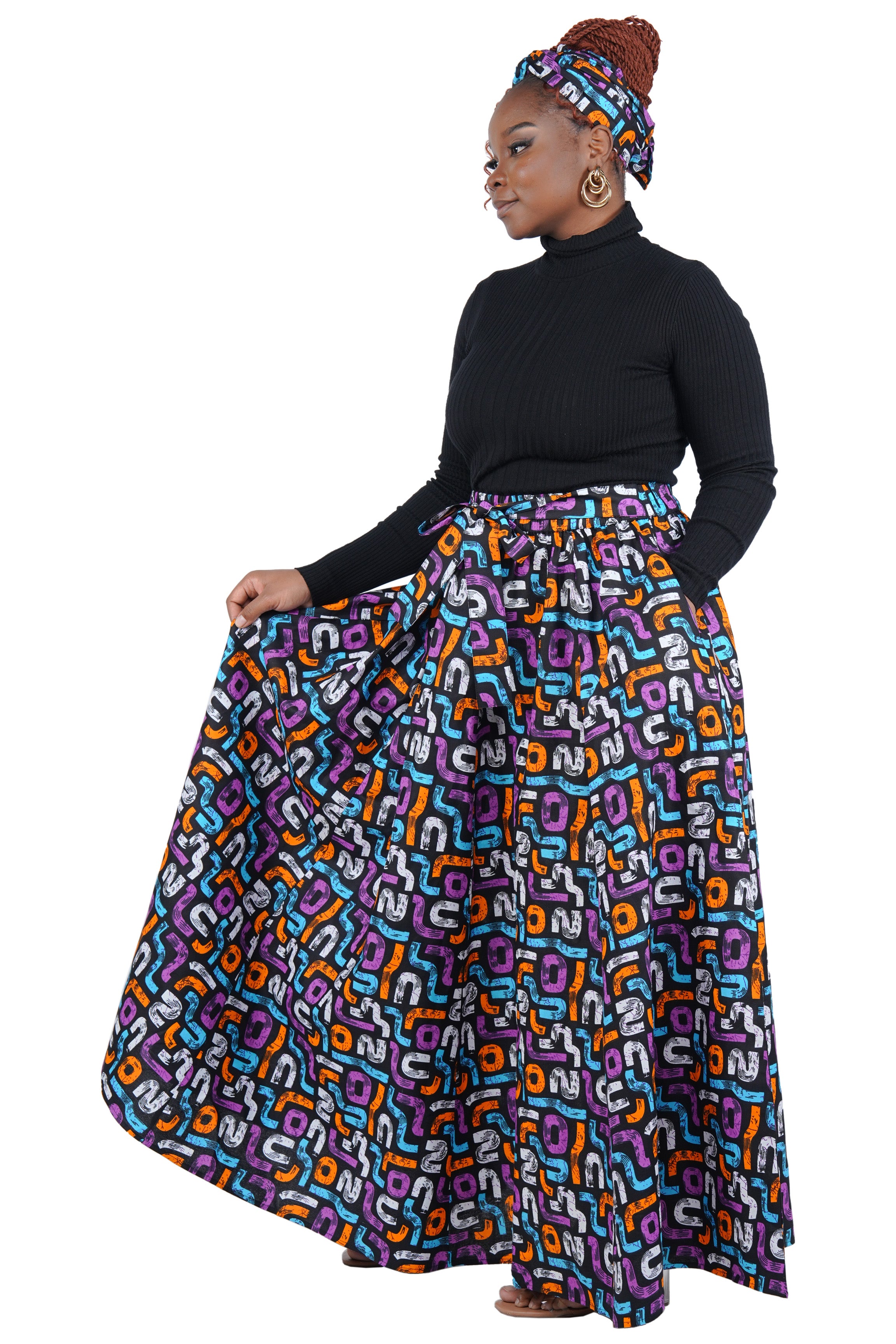 African Long Maxi Skirt 100% Cotton w/ Pockets & Headwrap One Size 41” Length