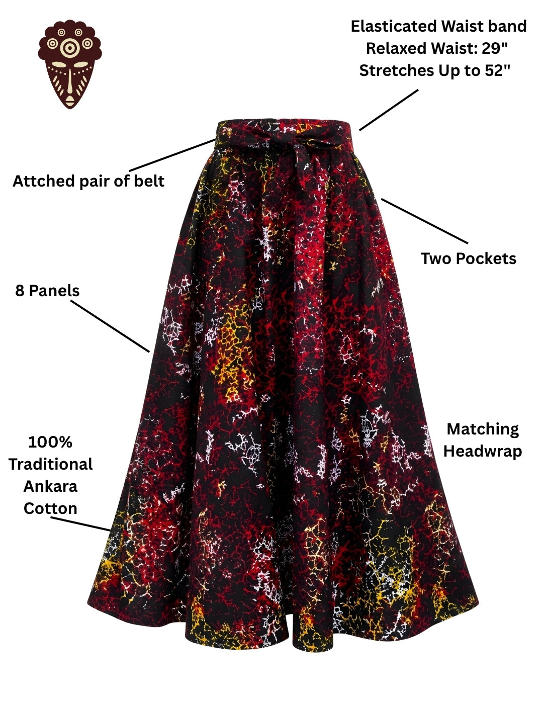 Back view of long African print cotton maxi skirt with eight-panel construction