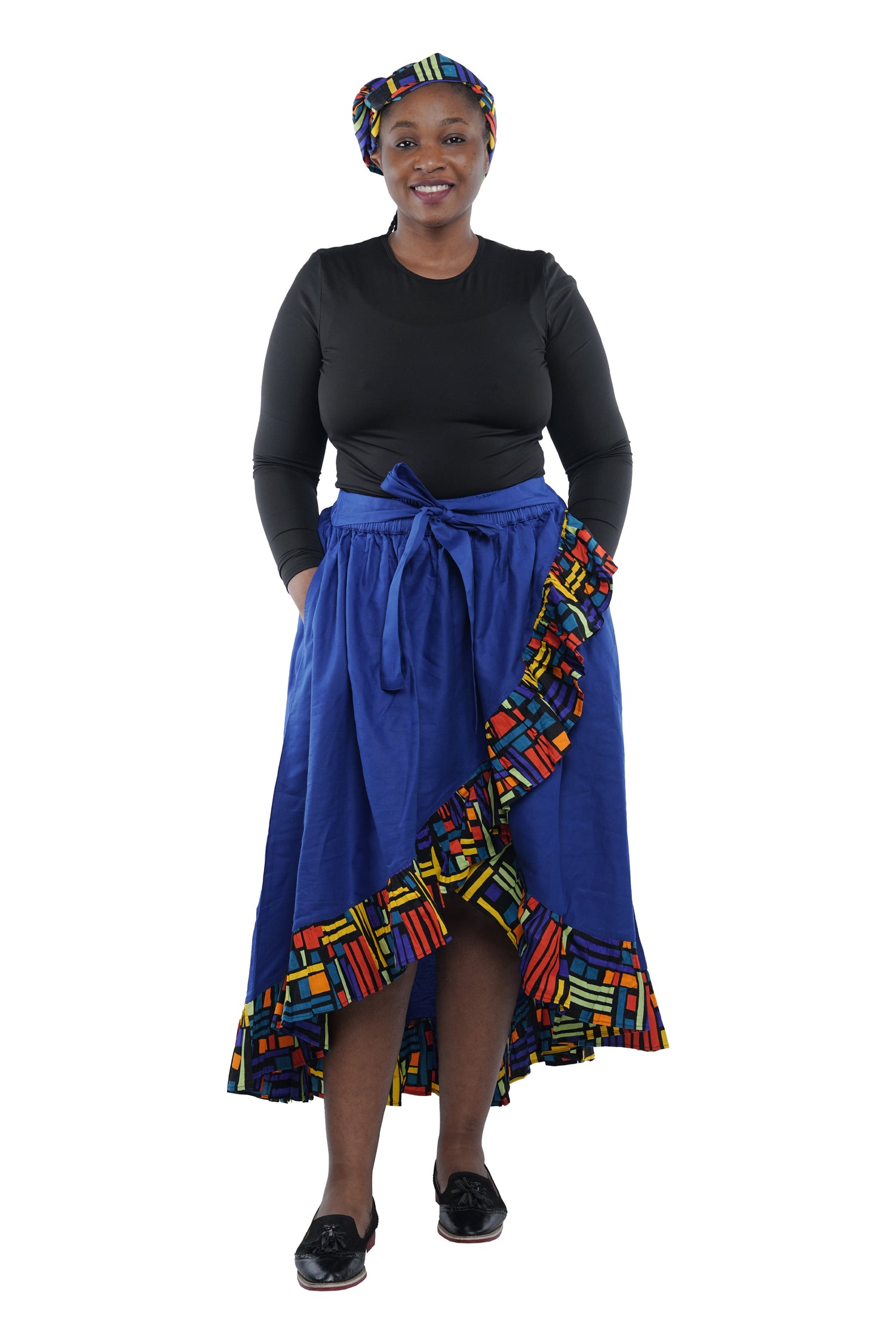 Denim African Trim High Low Ruffled Skirt