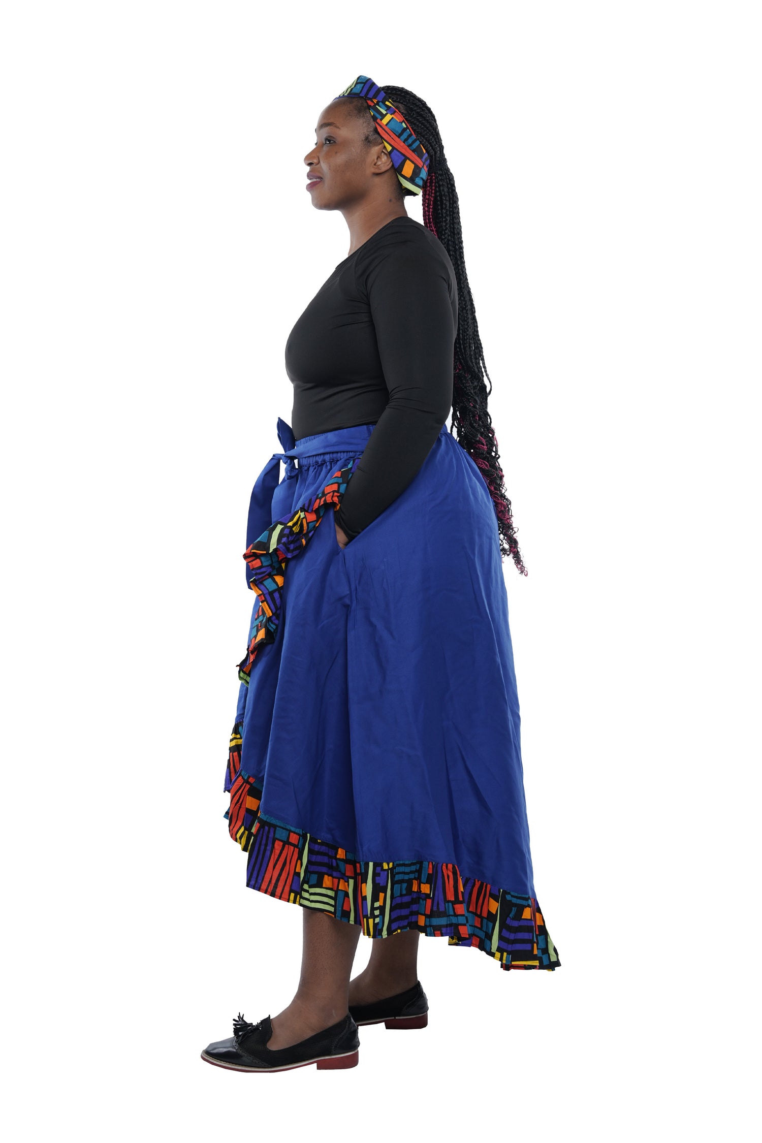 Denim African Trim High Low Ruffled Skirt