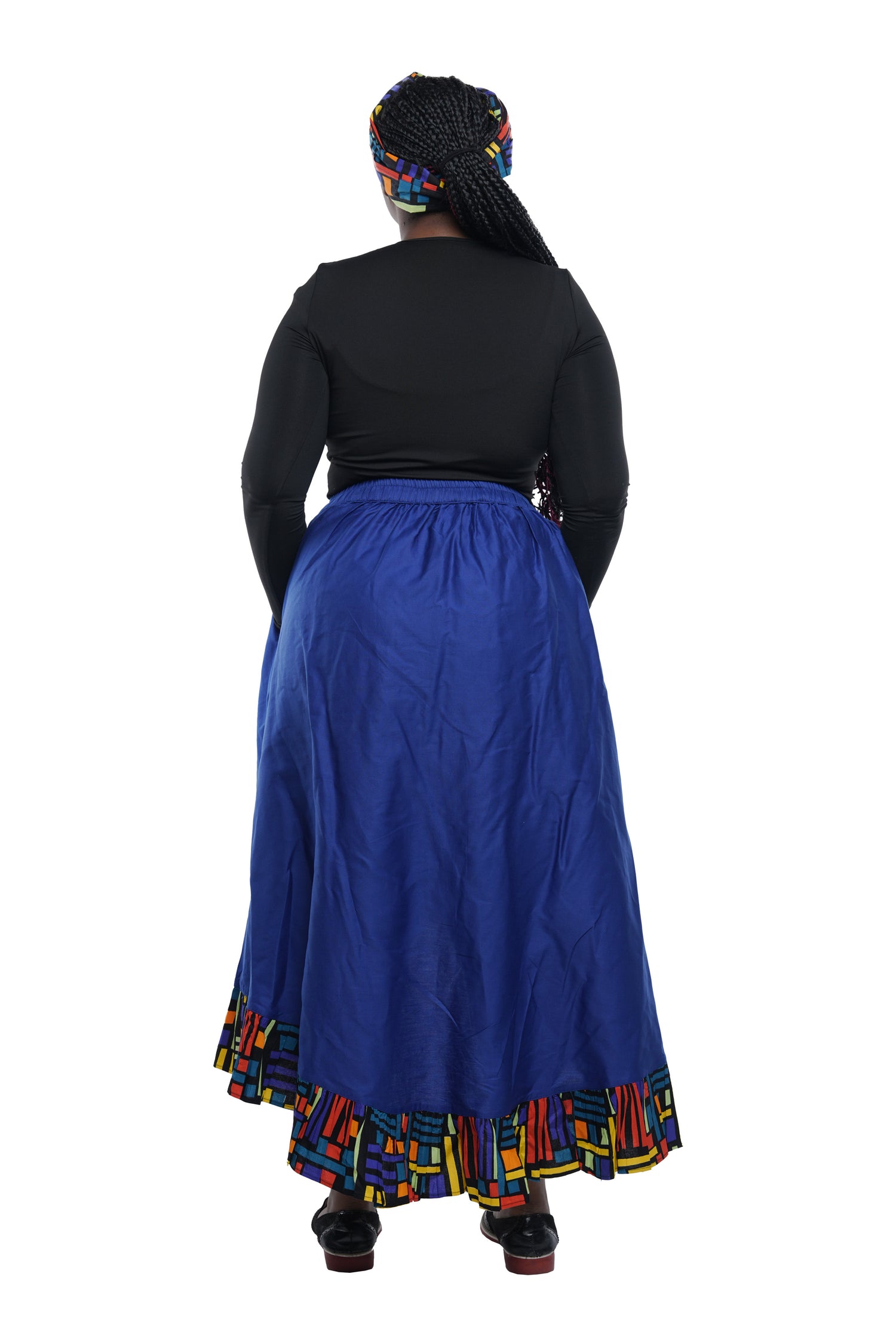 Denim African Trim High Low Ruffled Skirt