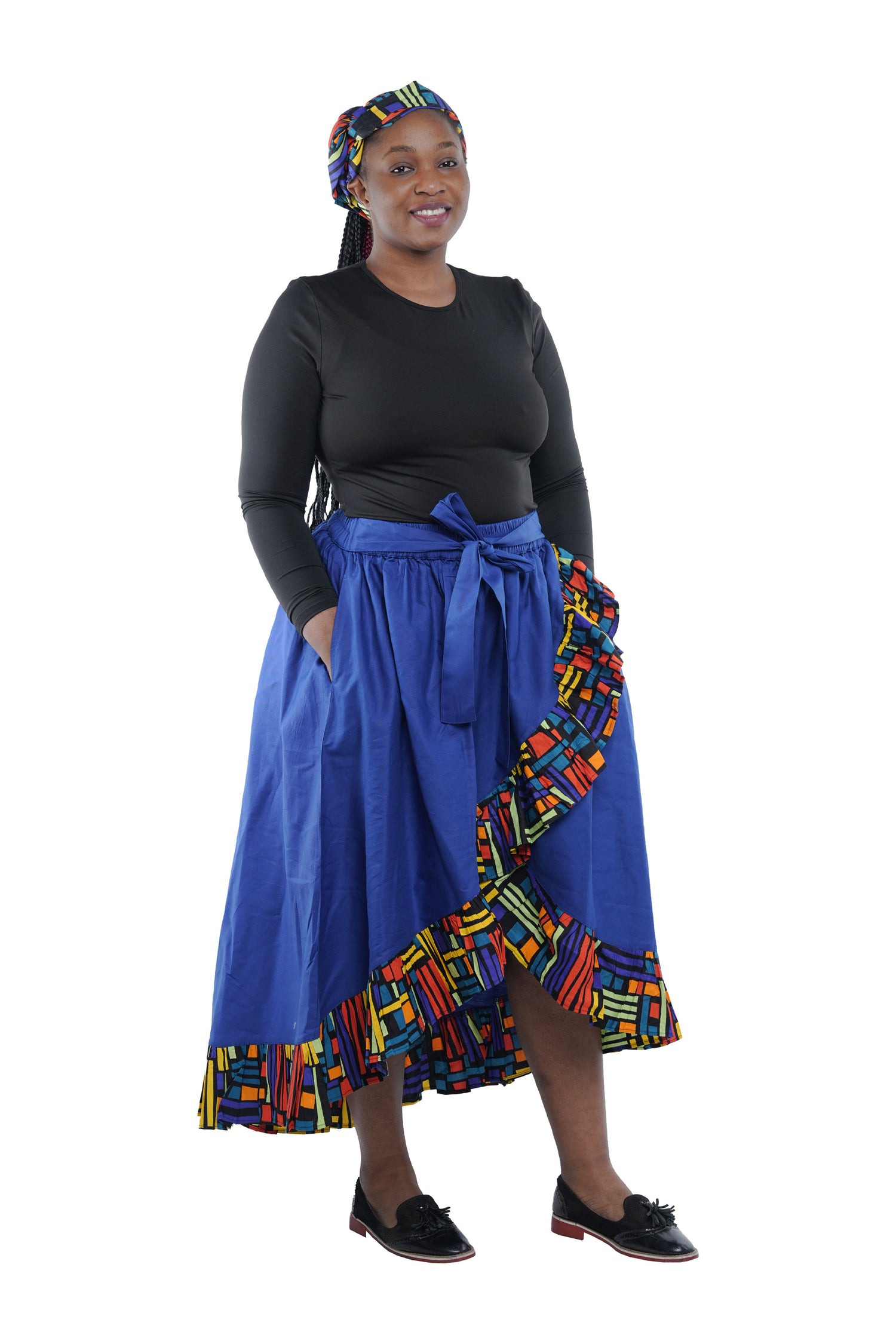 Denim African Trim High Low Ruffled Skirt