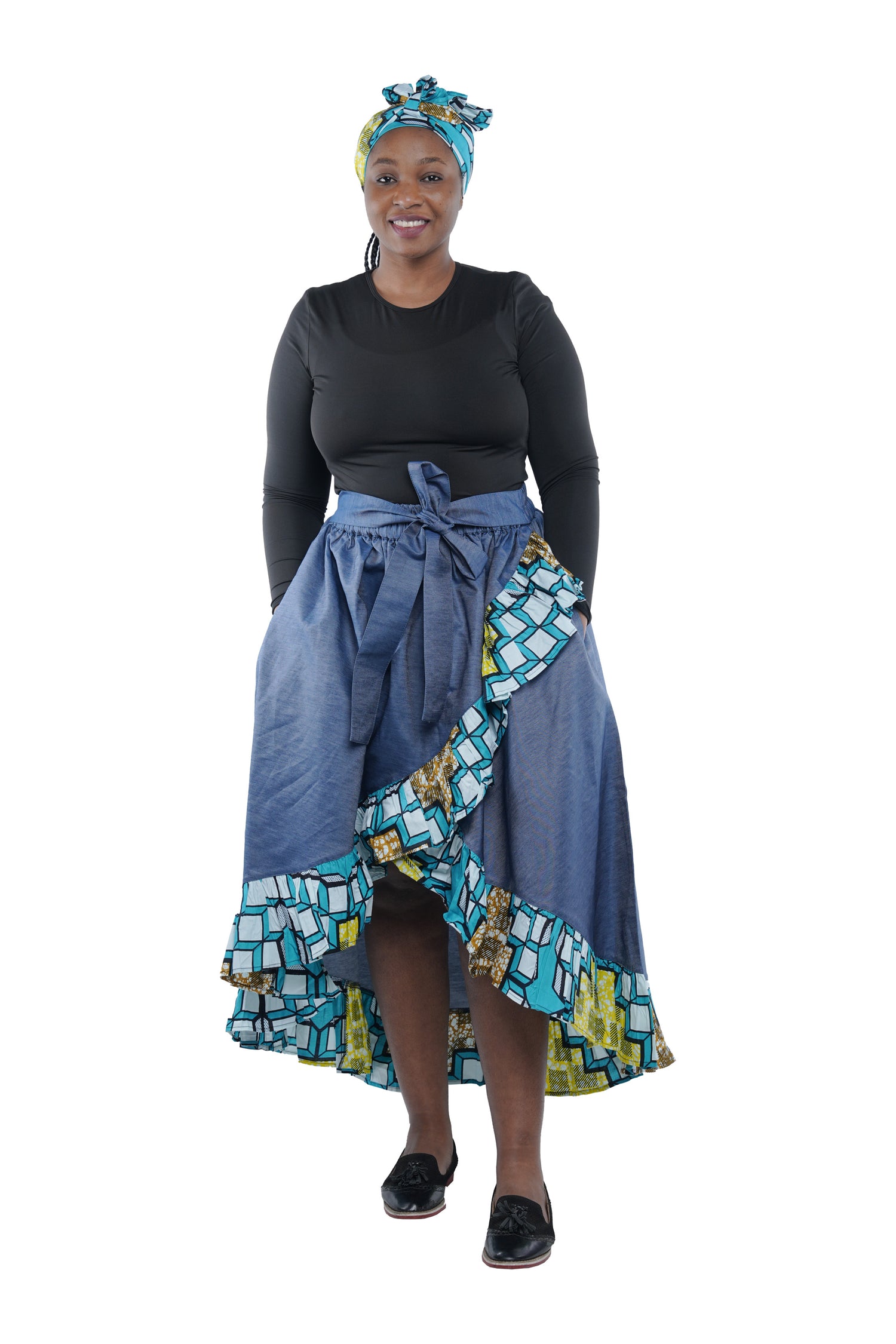 Denim African Trim High Low Ruffled Skirt