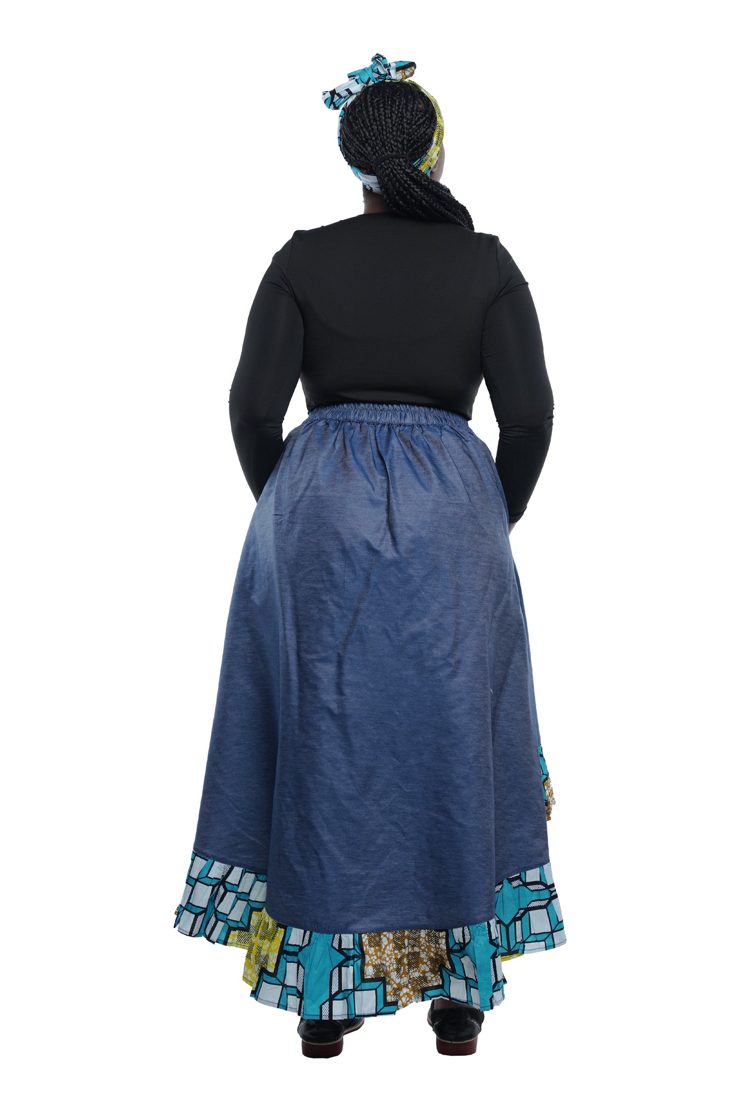 Denim African Trim High Low Ruffled Skirt