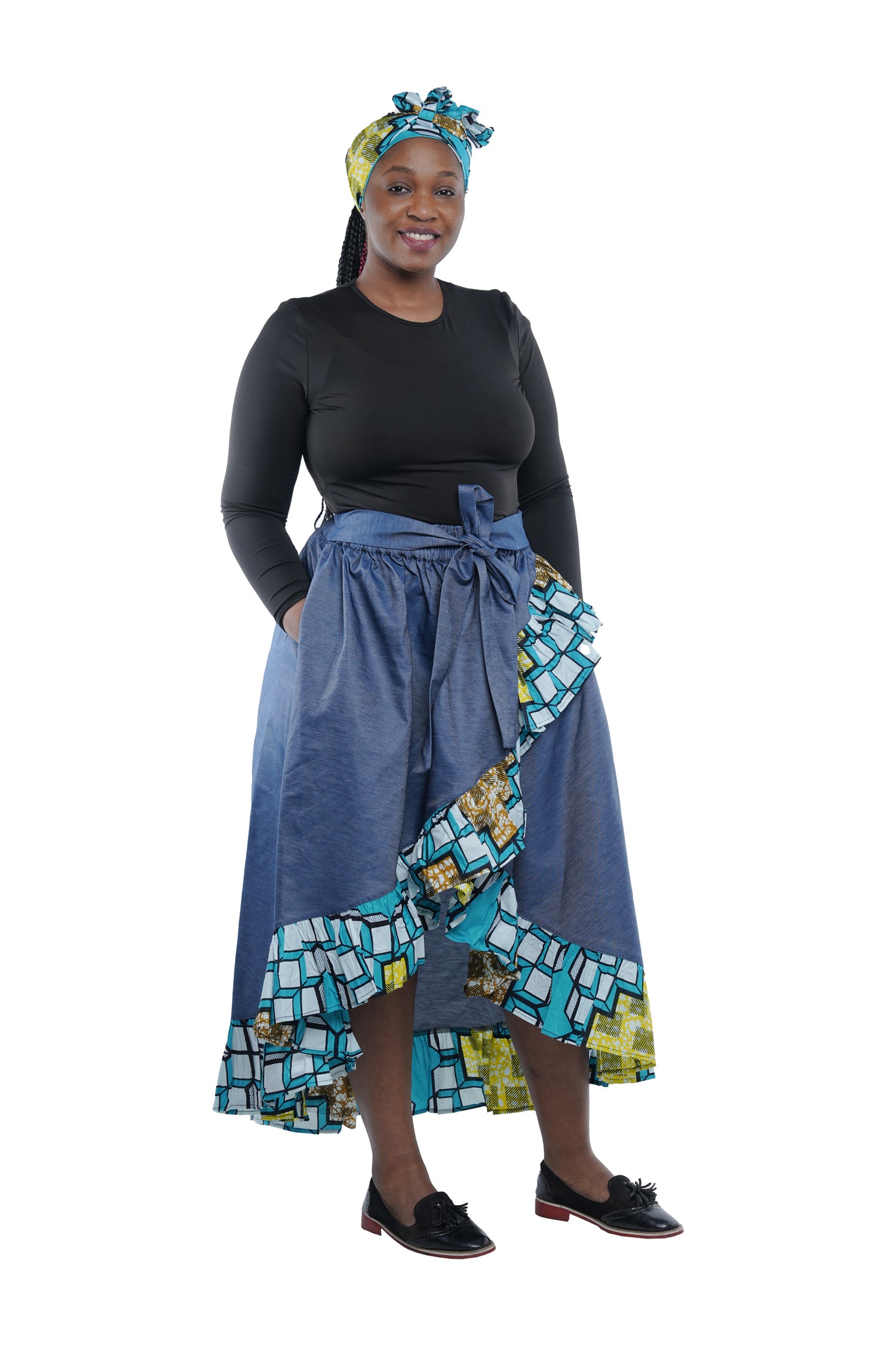 Denim African Trim High Low Ruffled Skirt