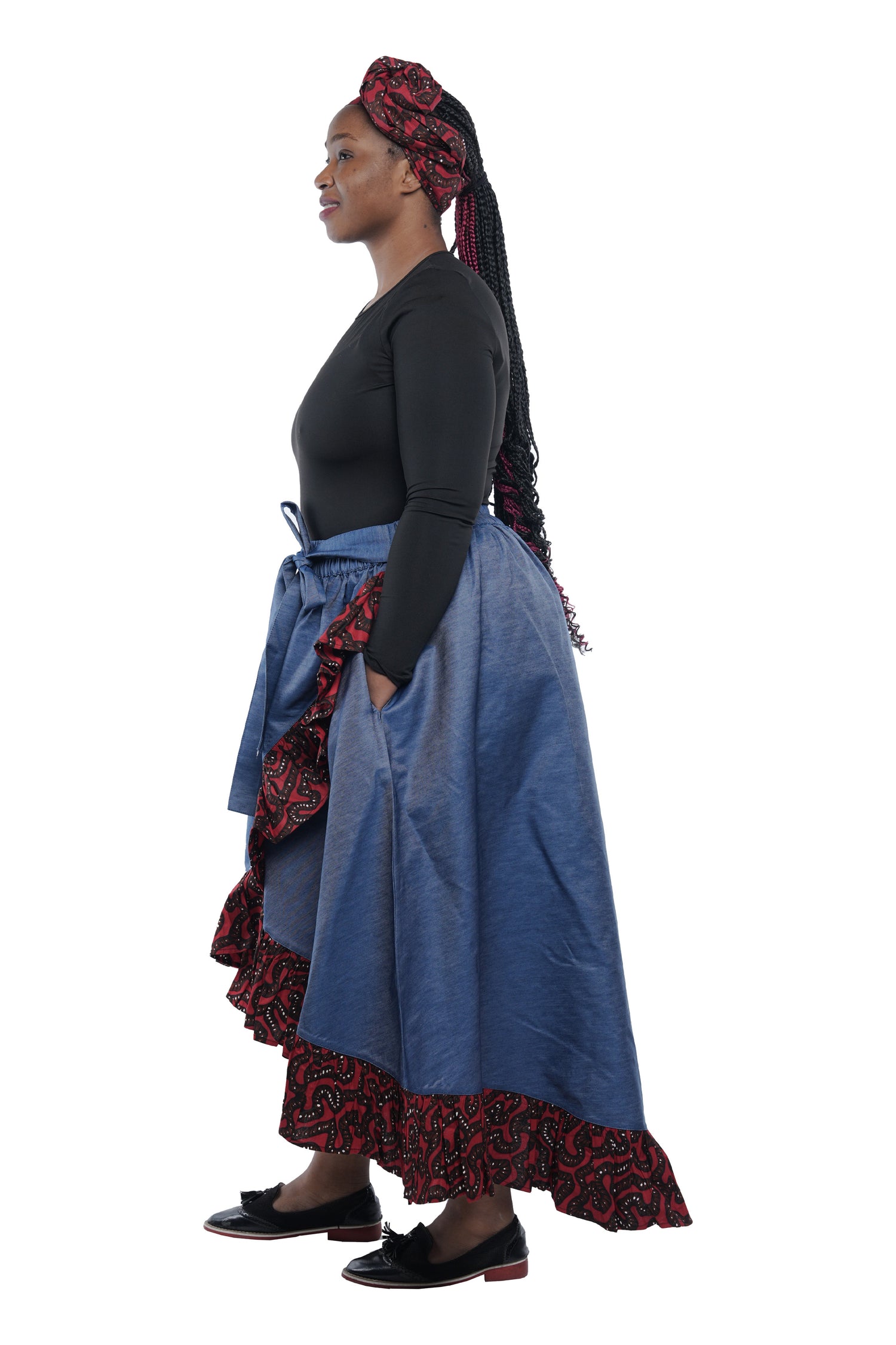 Denim African Trim High Low Ruffled Skirt
