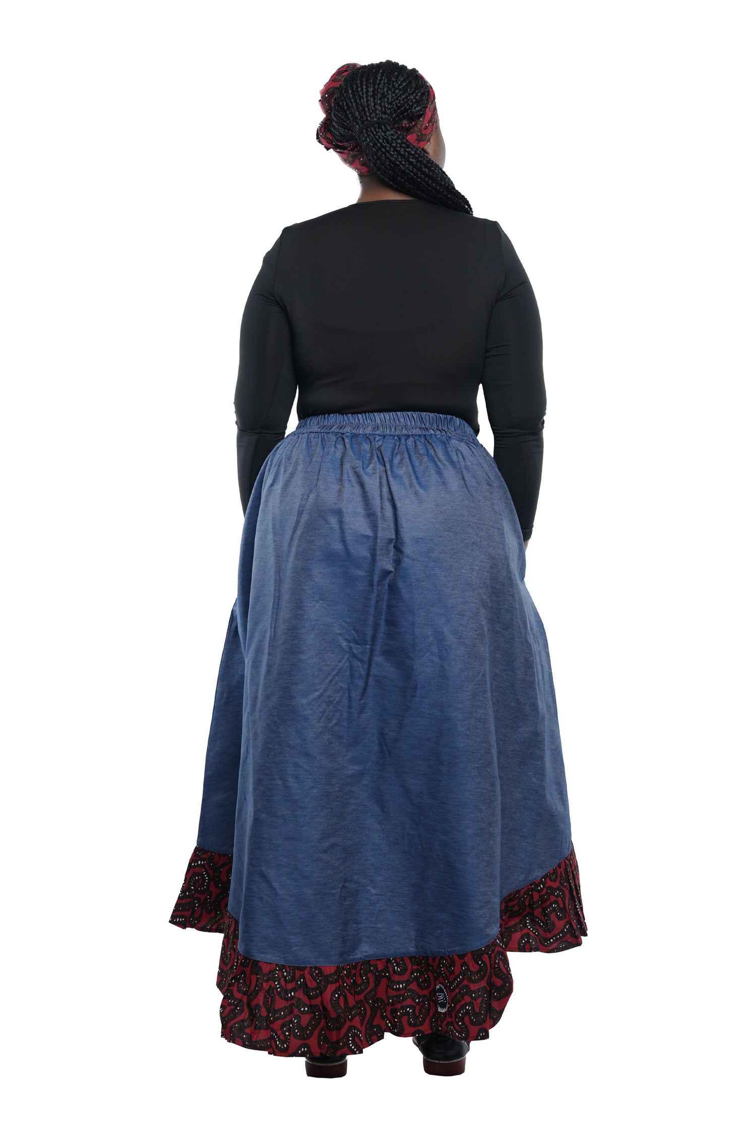 Denim African Trim High Low Ruffled Skirt