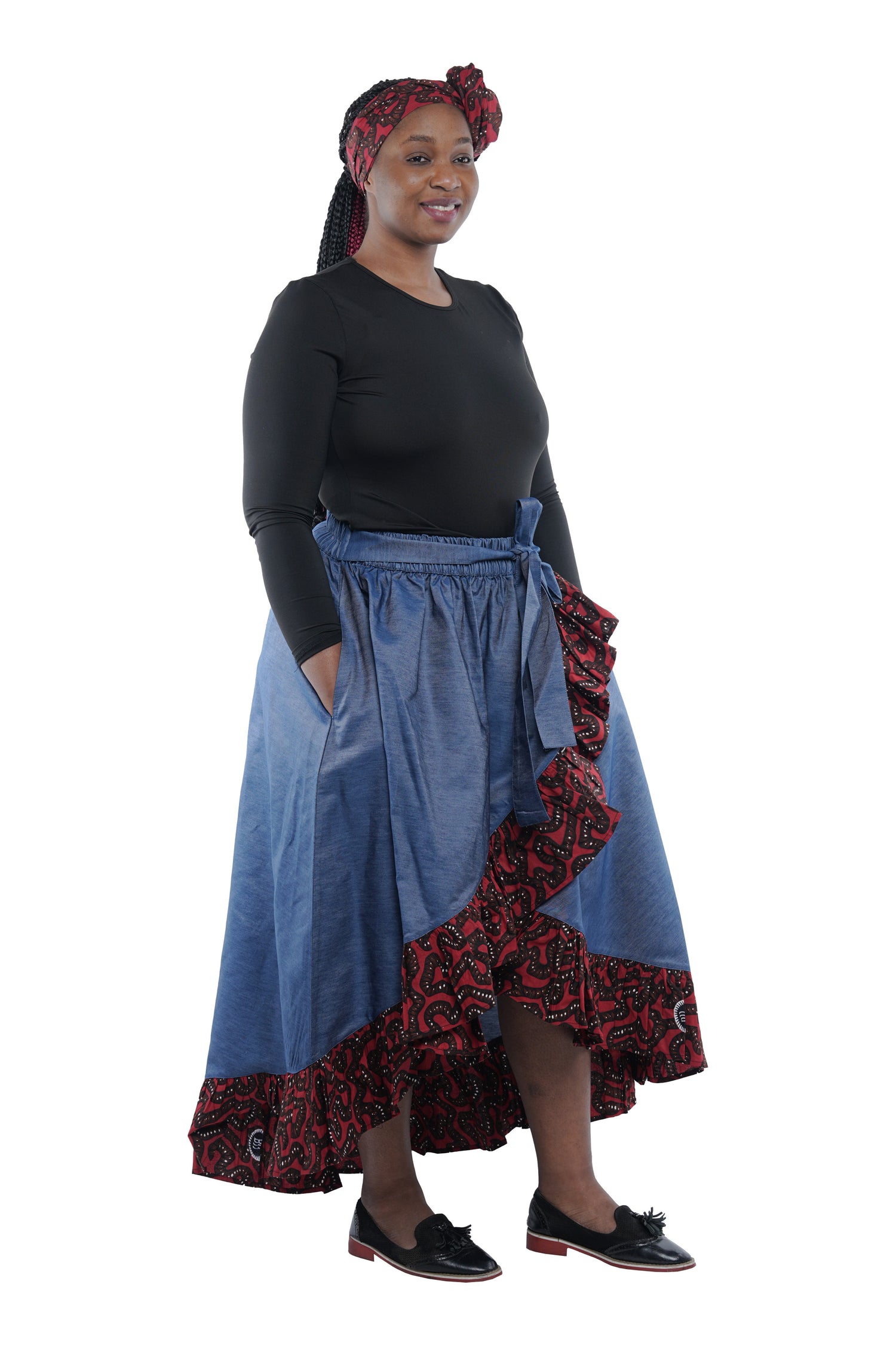 Denim African Trim High Low Ruffled Skirt
